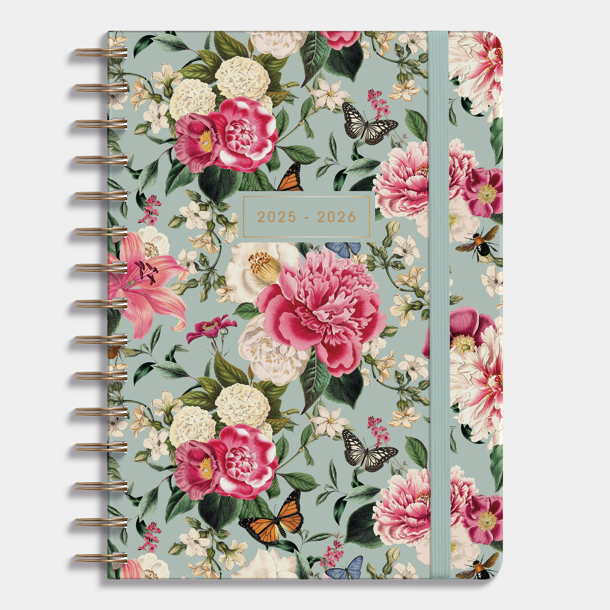 18 maanden agenda 2025 - 2026 A5 brocante bloemenprint, harde cover en elastische sluiting – vooraanzicht.