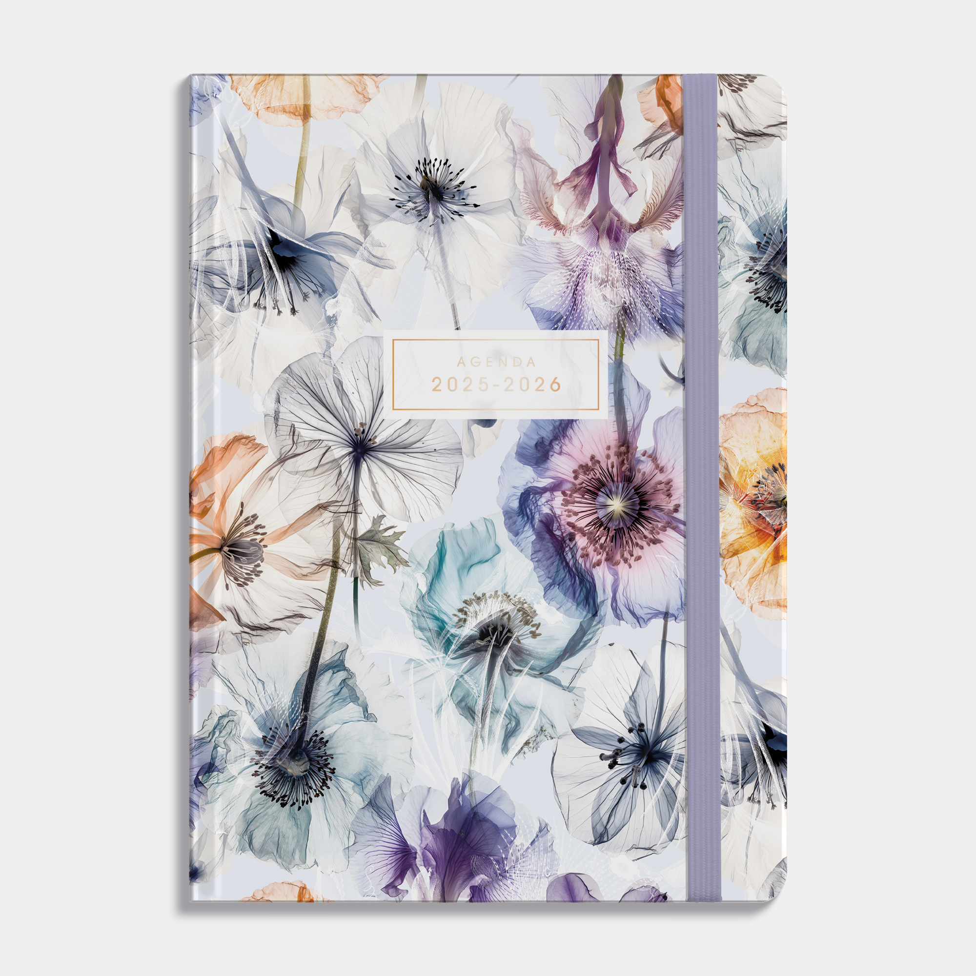A5 agenda 2025 - 2026 met waterverf bloemen print, harde cover en elastische sluiting – vooraanzicht.