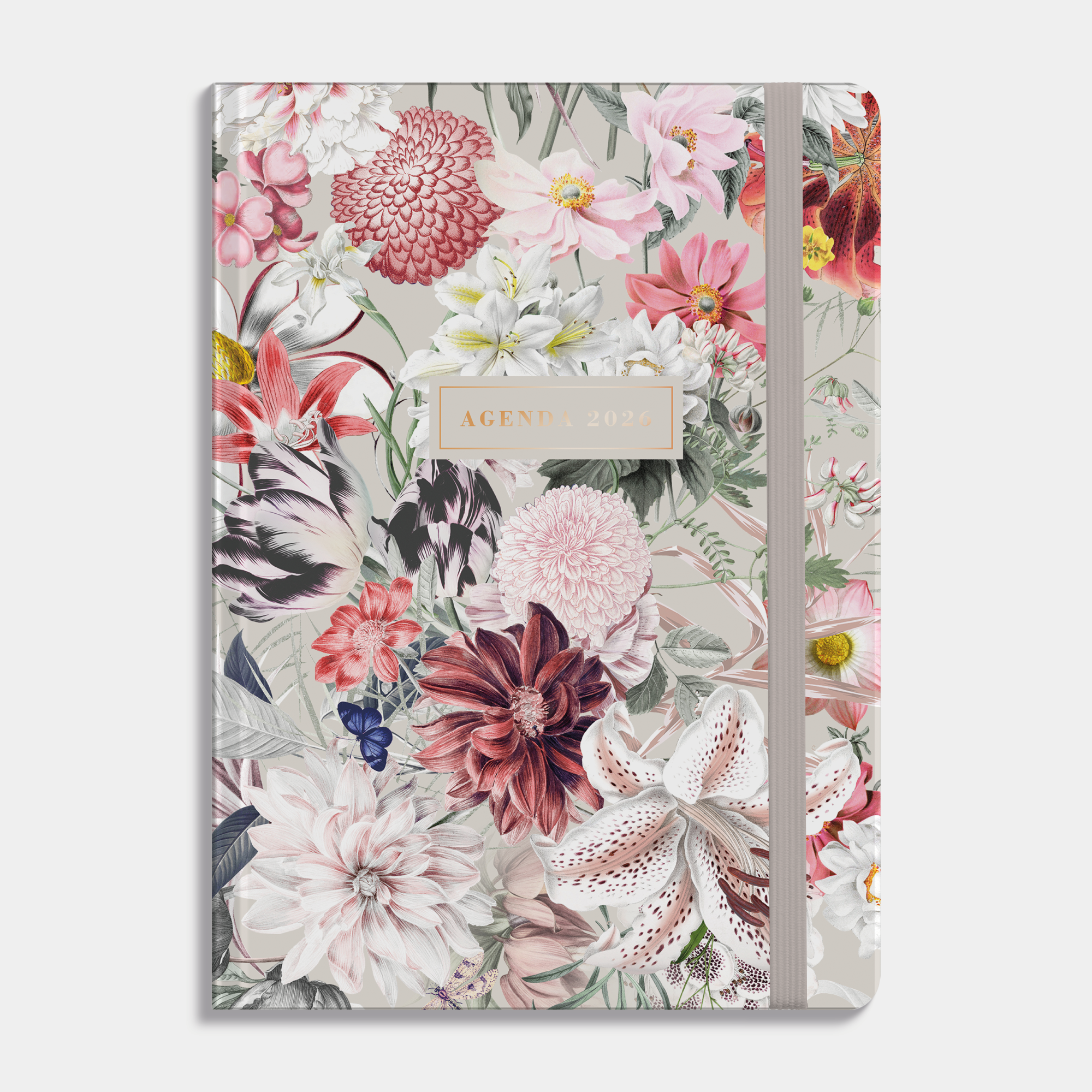 A5 agenda 2026 met een print van kleurrijke bloemen, harde cover en elastische sluiting – vooraanzicht.