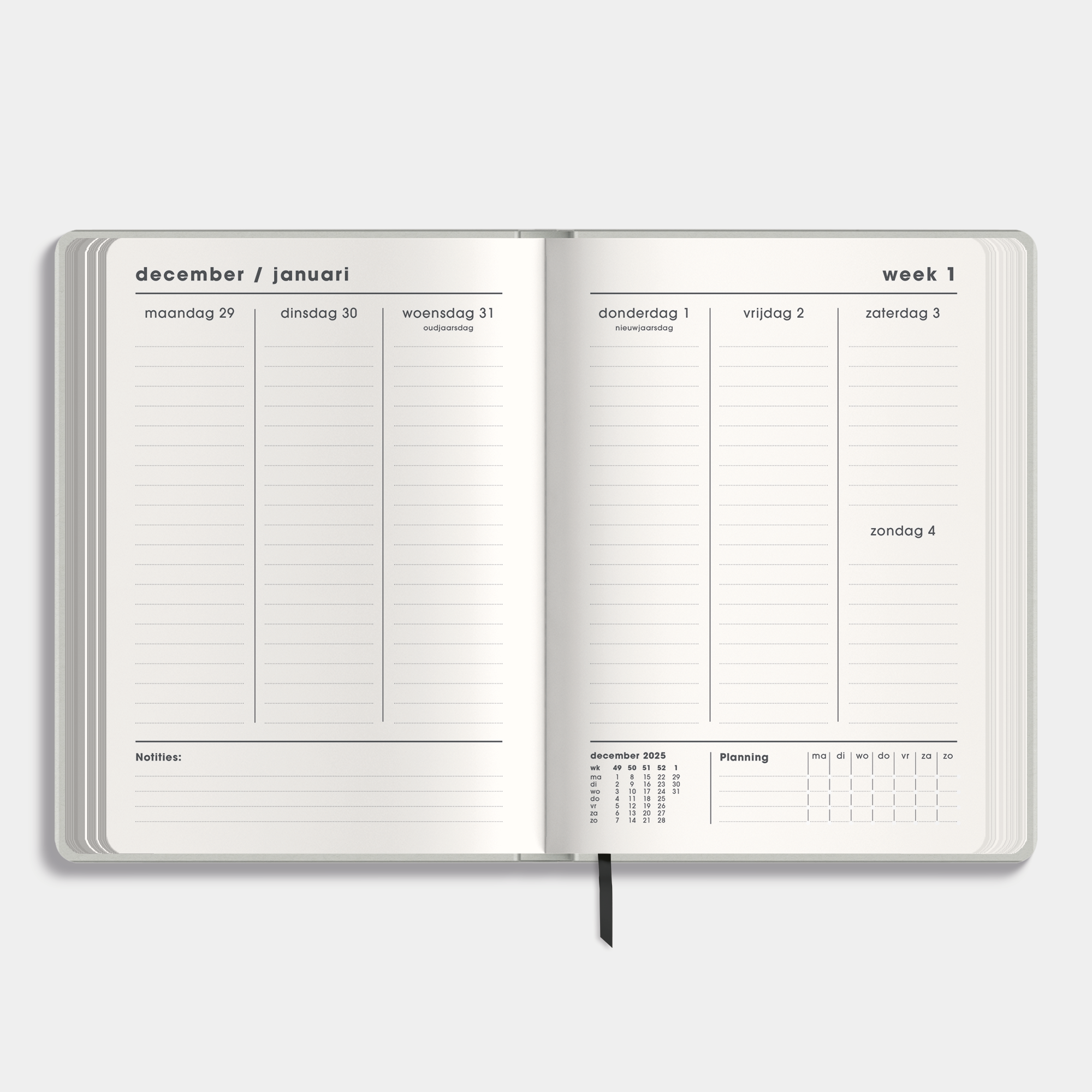 A5 agenda 2026 met een flexibele lichtgrijze coverhoes – binnenwerk met weekoverzicht en notitieruimte.