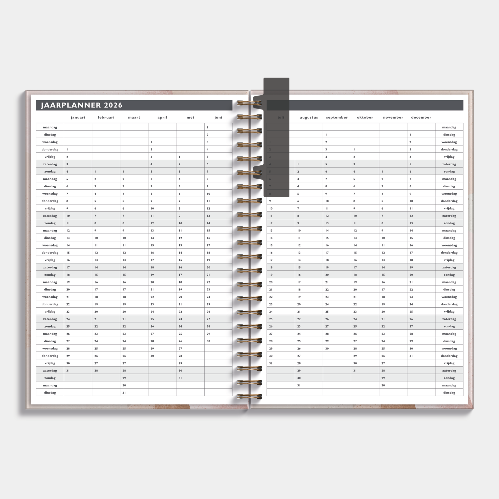 Afsprakenagenda 2026 A4 met oudroze – binnenwerk met jaarplanner.