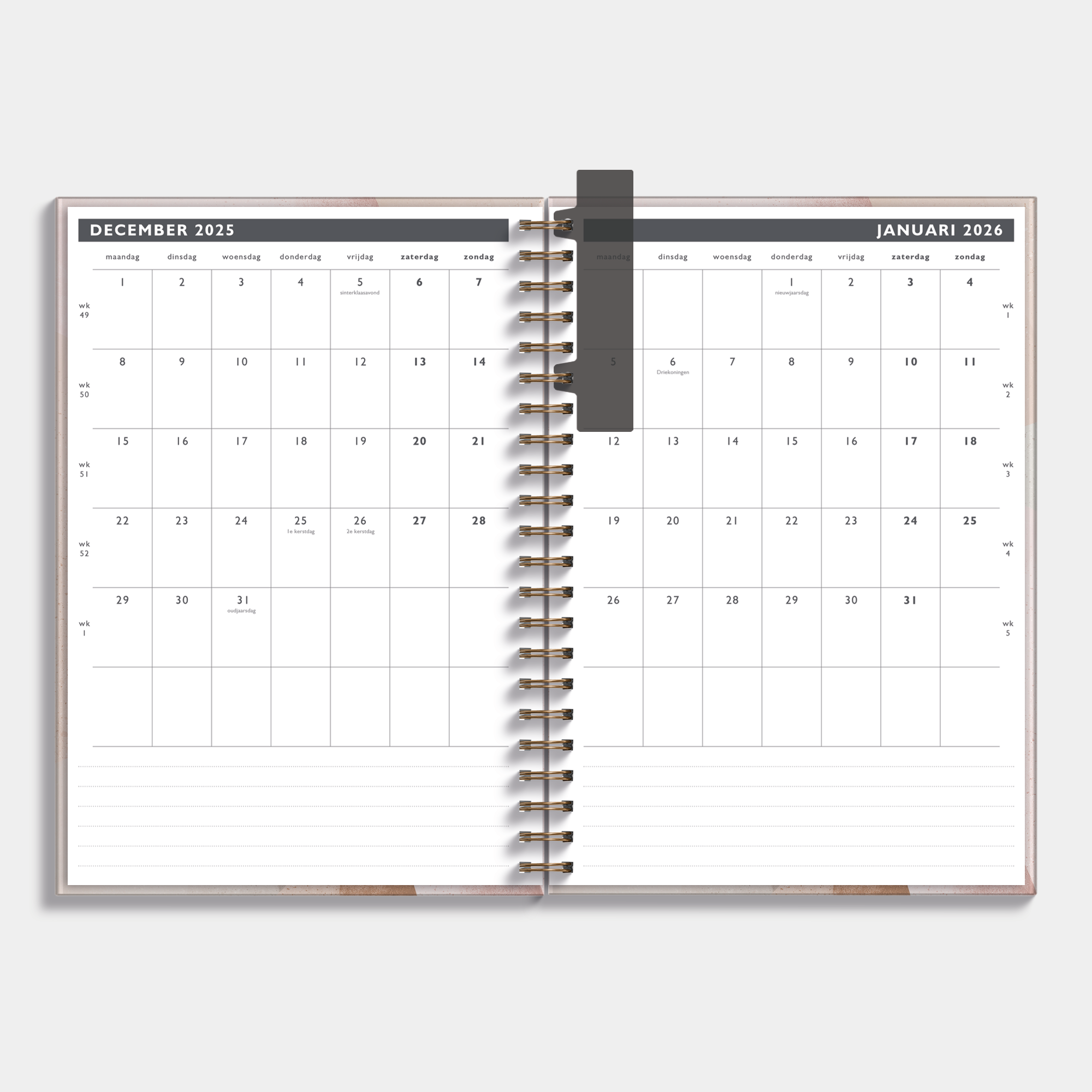 Afsprakenagenda 2026 A4 met oudroze dessin – binnenwerk met maandplanner en ruimte voor notities.