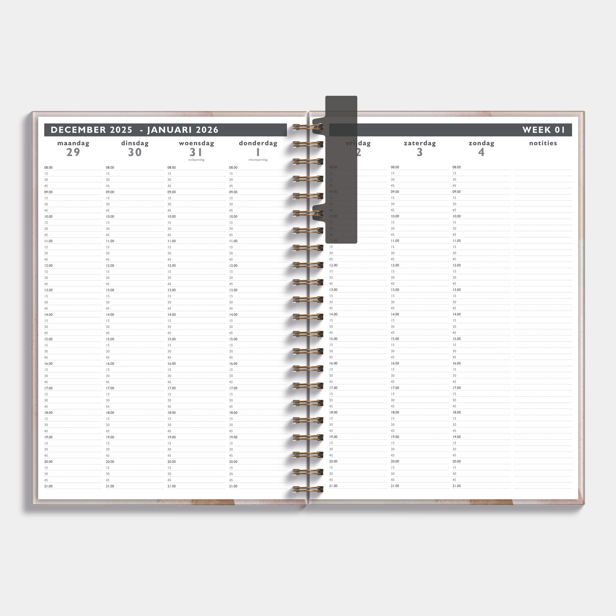 Afsprakenagenda 2026 A4 met oudroze dessin – binnenwerk met weekoverzicht inclusief tijdsaanduiding en ruimte voor notities.