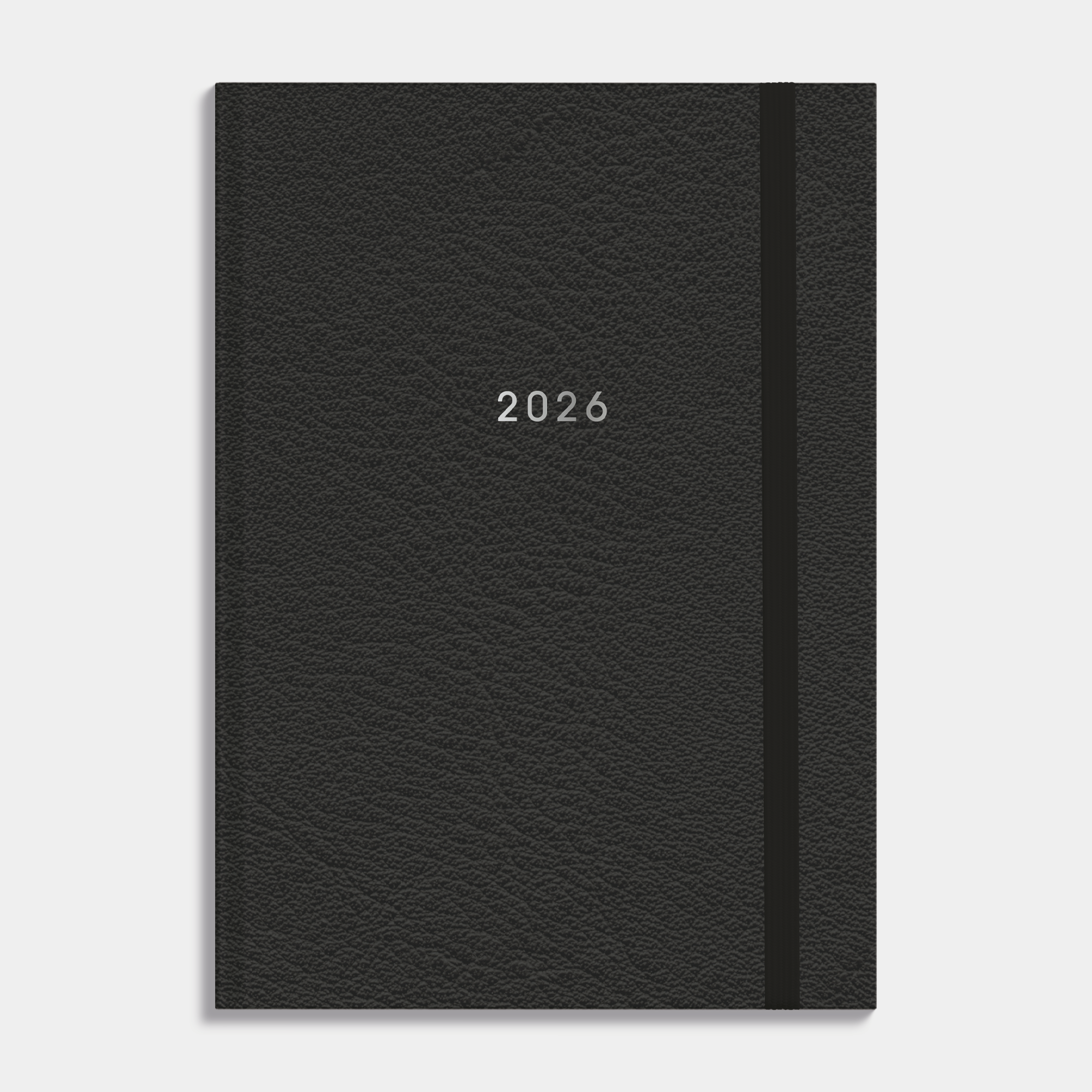 Afsprakenagenda 2026 A5 met zwarte lederlook afwerking, harde cover en elastische sluiting – vooraanzicht.
