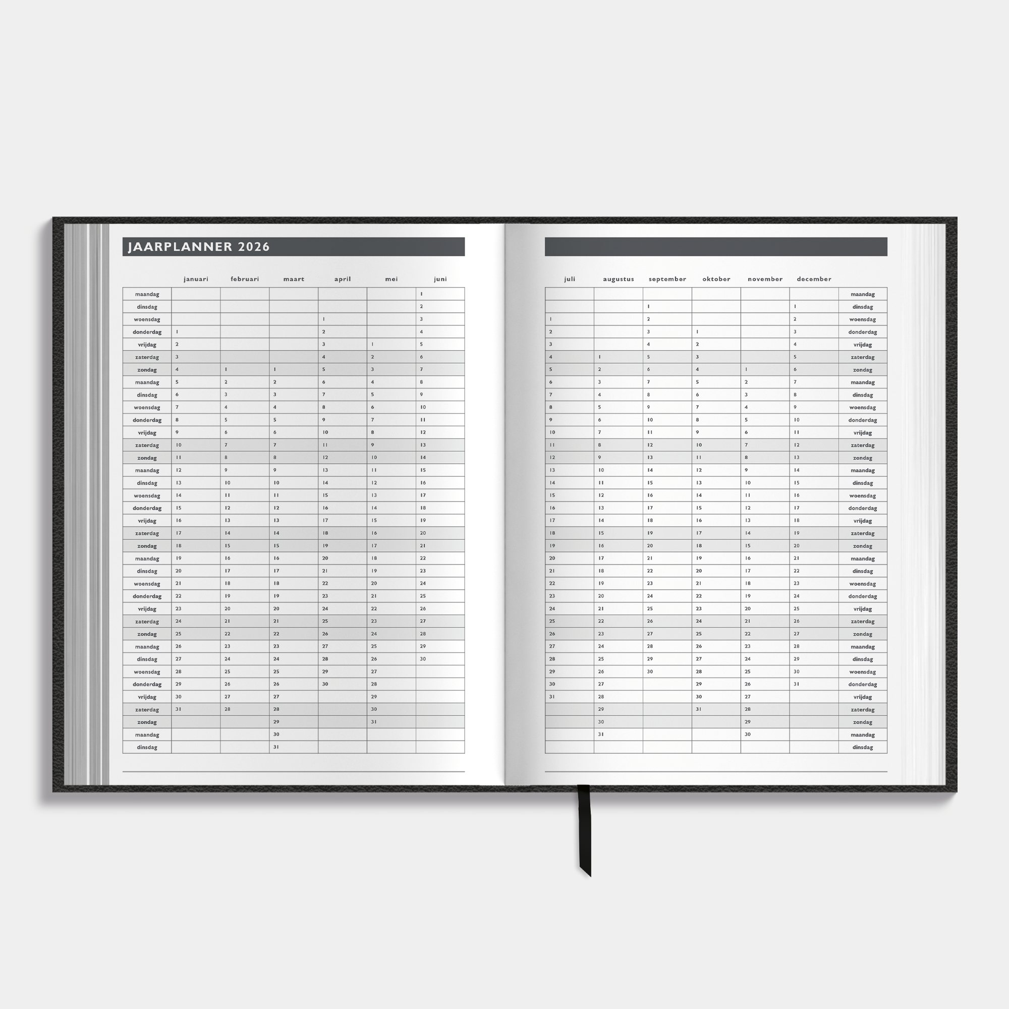 Afsprakenagenda 2026 A5 met zwarte lederlook afwerking – binnenwerk met jaarplanner.