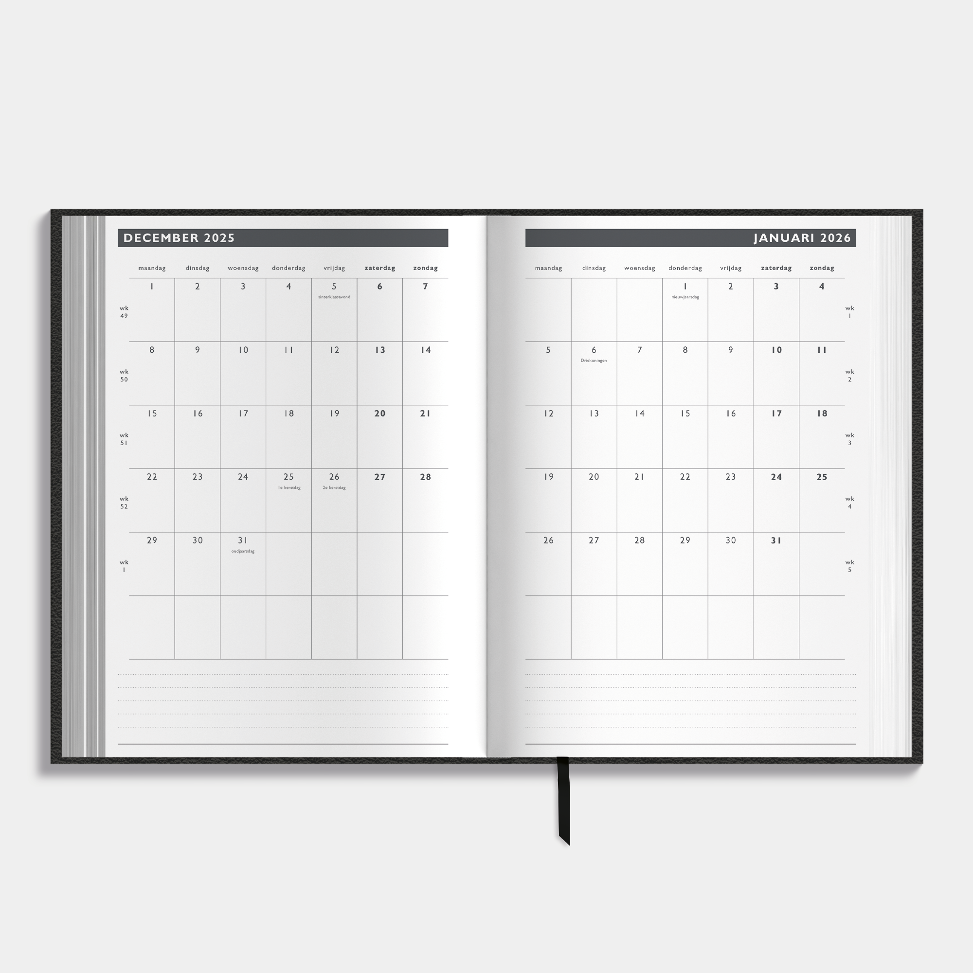 Afsprakenagenda 2026 A5 met zwarte lederlook afwerking – binnenwerk met maandplanner.