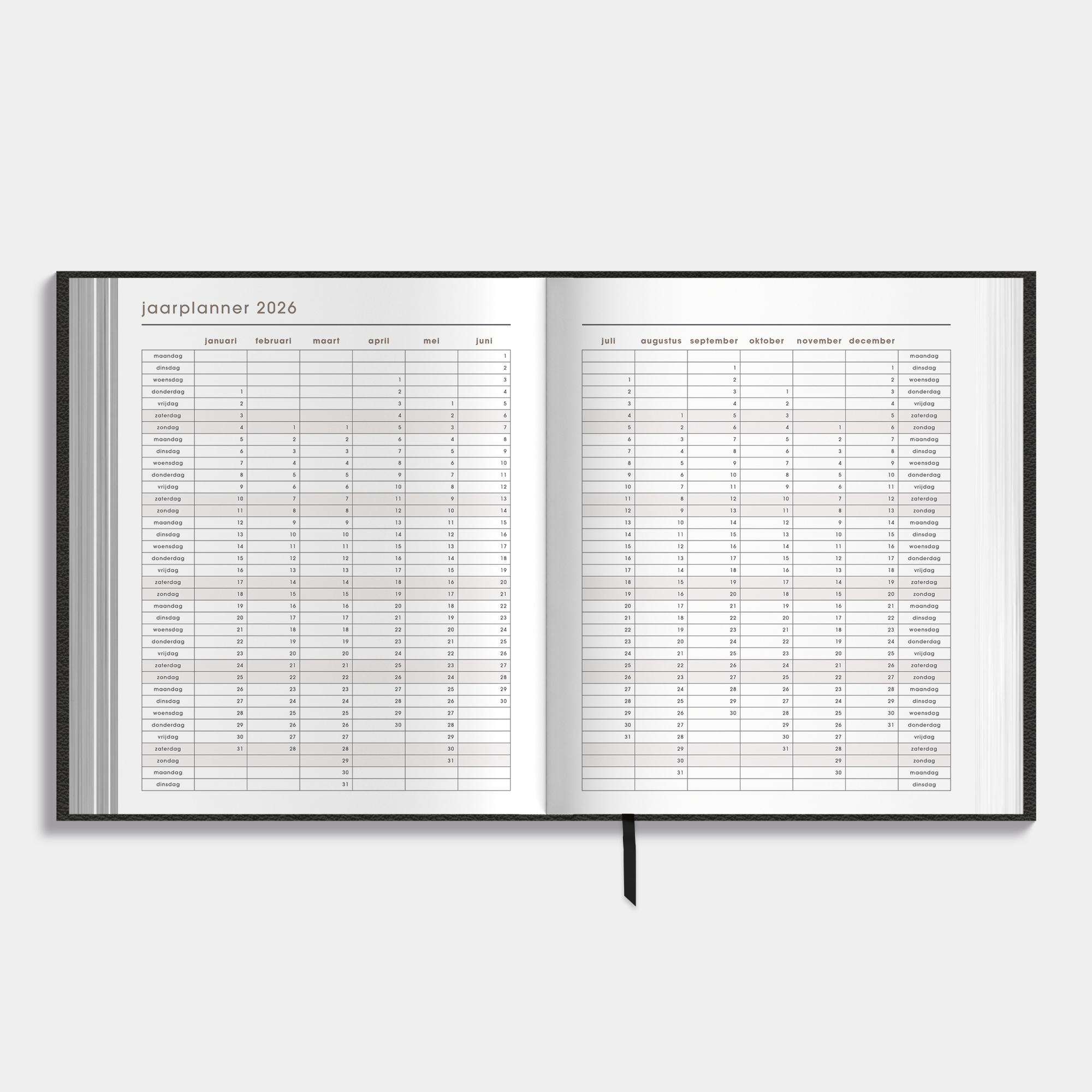 Afsprakenagenda 2026 A5+ formaat met zwarte lederlook afwerking – binnenwerk met jaarplanner.