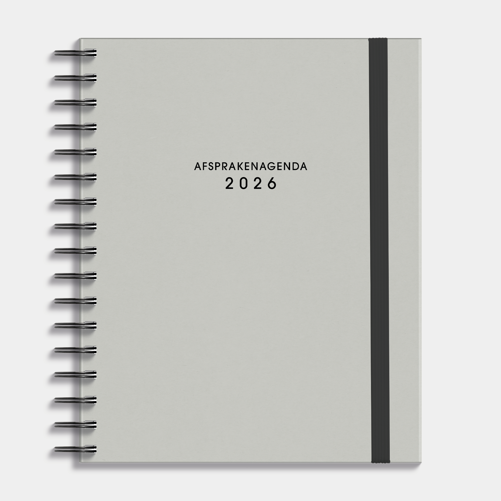 Afsprakenagenda 2026 A5+ formaat met grijze washed craft afwerking, harde cover en elastische sluiting – vooraanzicht.