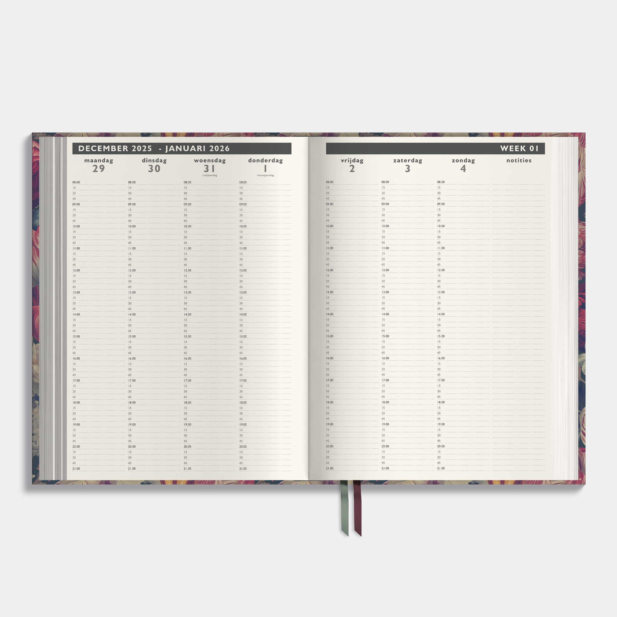 luxe afsprakenagenda 2026 in A4 formaat met een klassiek dessin van bloemen op een donkere achtergrond – binnenwerk met weekoverzicht inclusief tijdsaanduiding en ruimte voor notities.