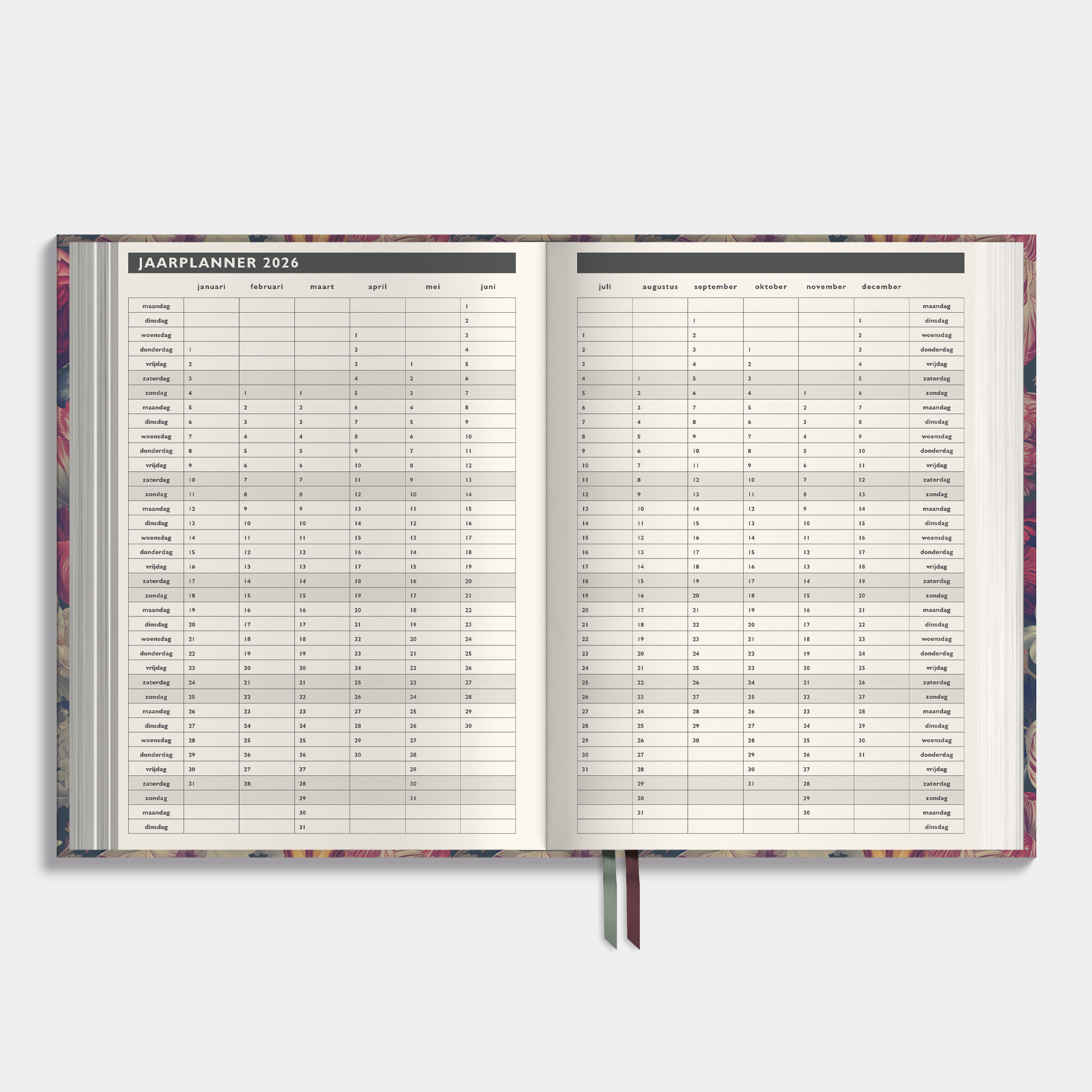 luxe afsprakenagenda 2026 in A4 formaat met een klassiek dessin van bloemen op een donkere achtergrond – binnenwerk met jaarplanner.