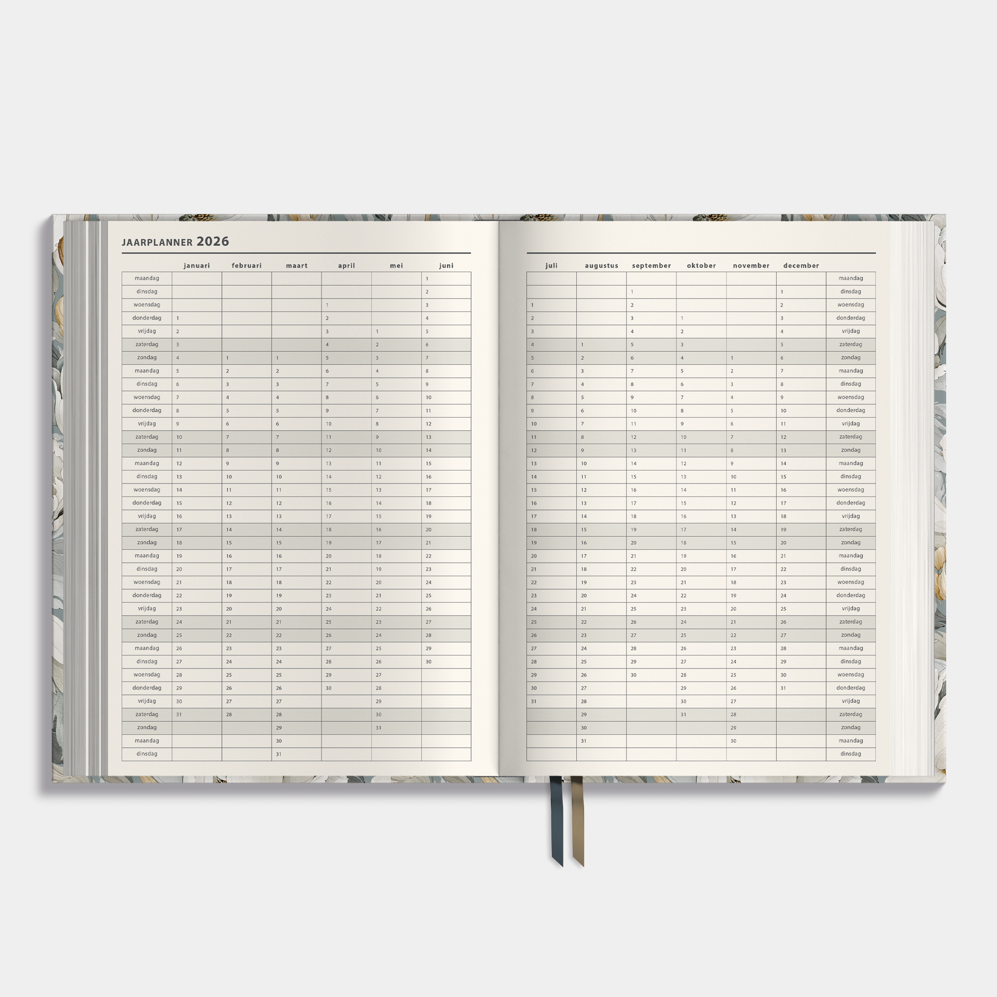 personeelsplanner 2026 in A4 formaat met ontwerp van witte pioenen op grijsblauwe achtergrond – jaarplanner.