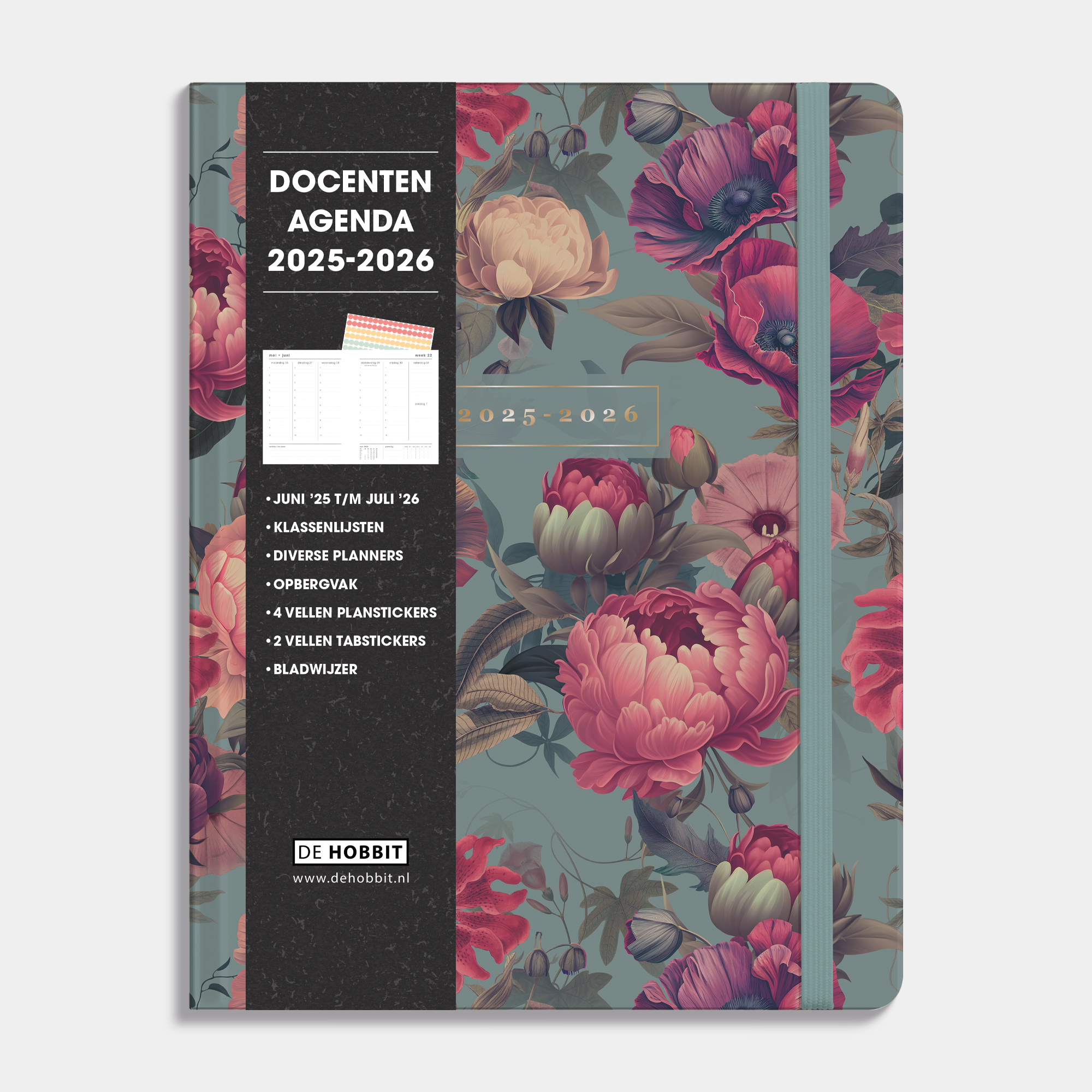 Docentenagenda 2025-2026 A4 met klassieke print van rode bloemen, harde cover en elastische sluiting – vooraanzicht met informatieve banderol.