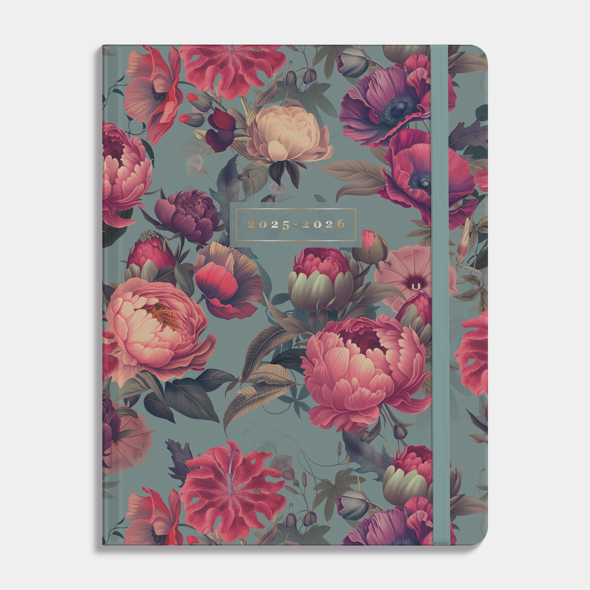 Docentenagenda 2025-2026 A4 met klassieke print van rode bloemen, harde cover en elastische sluiting – vooraanzicht.