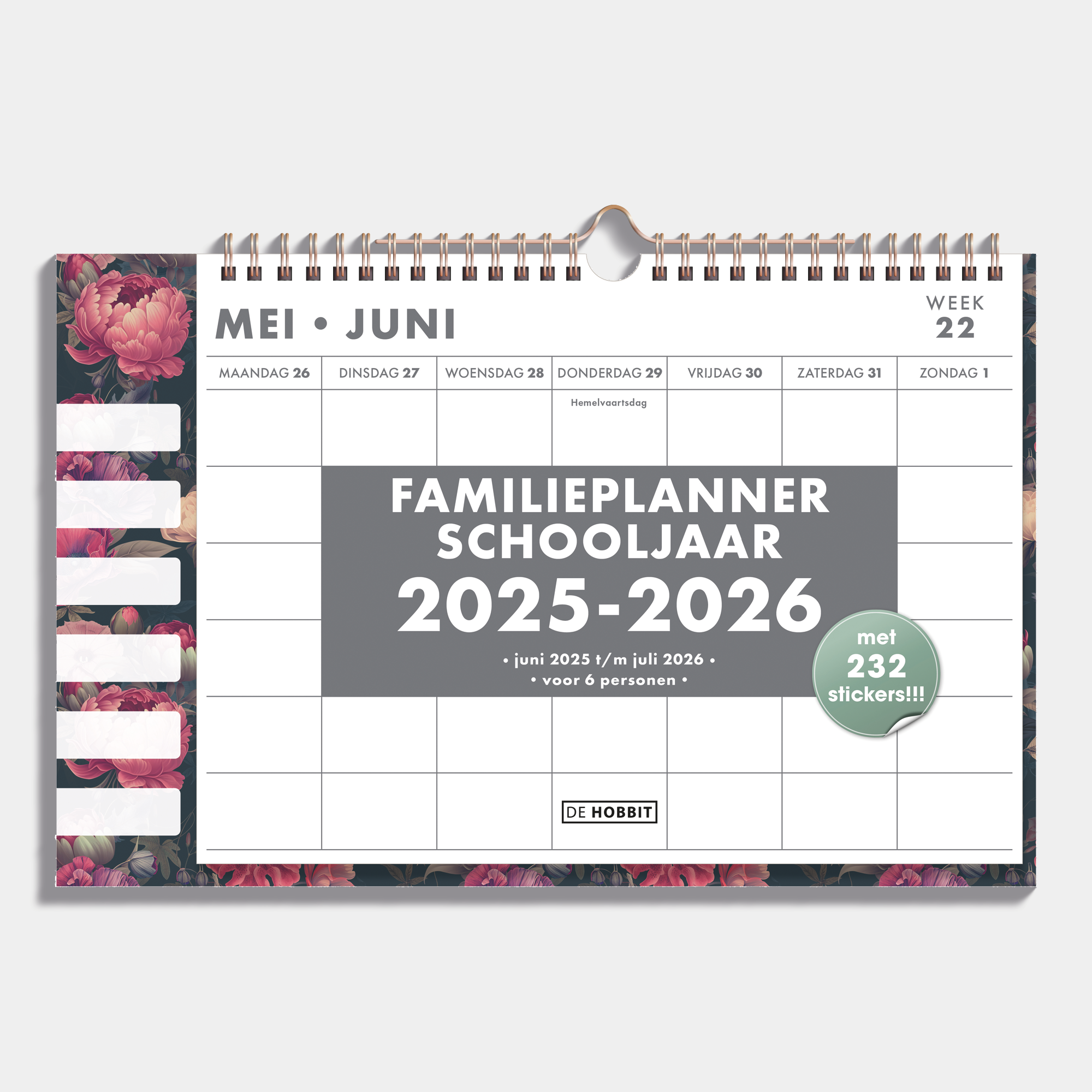 Familieplanner 2025-2026 A3 met klassieke print van rode bloemen voor 6 personen, met stickervel – vooraanzicht.
