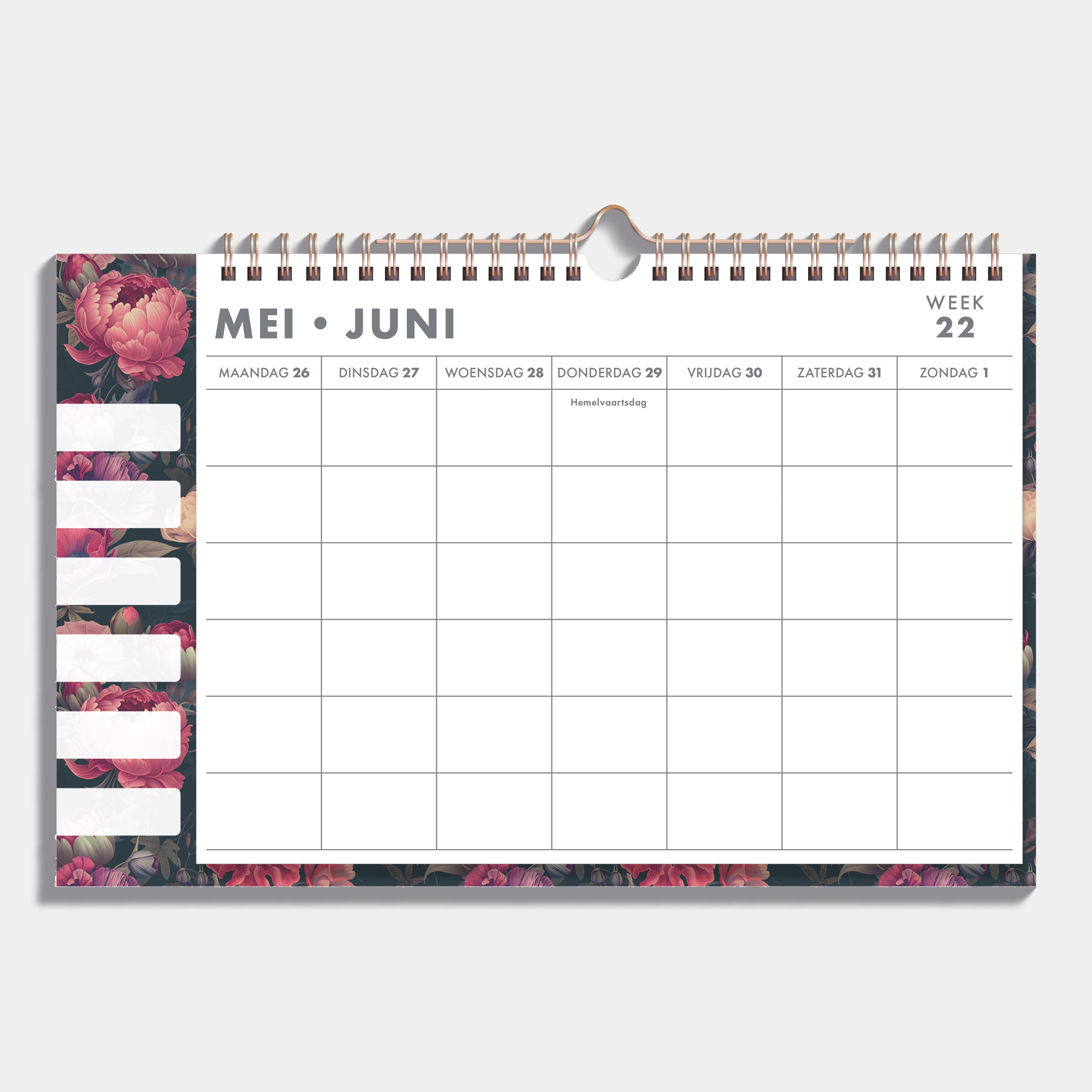 Familieplanner 2025-2026 A3 met klassieke print van rode bloemen voor 6 personen – binnenwerk met weekoverzicht.