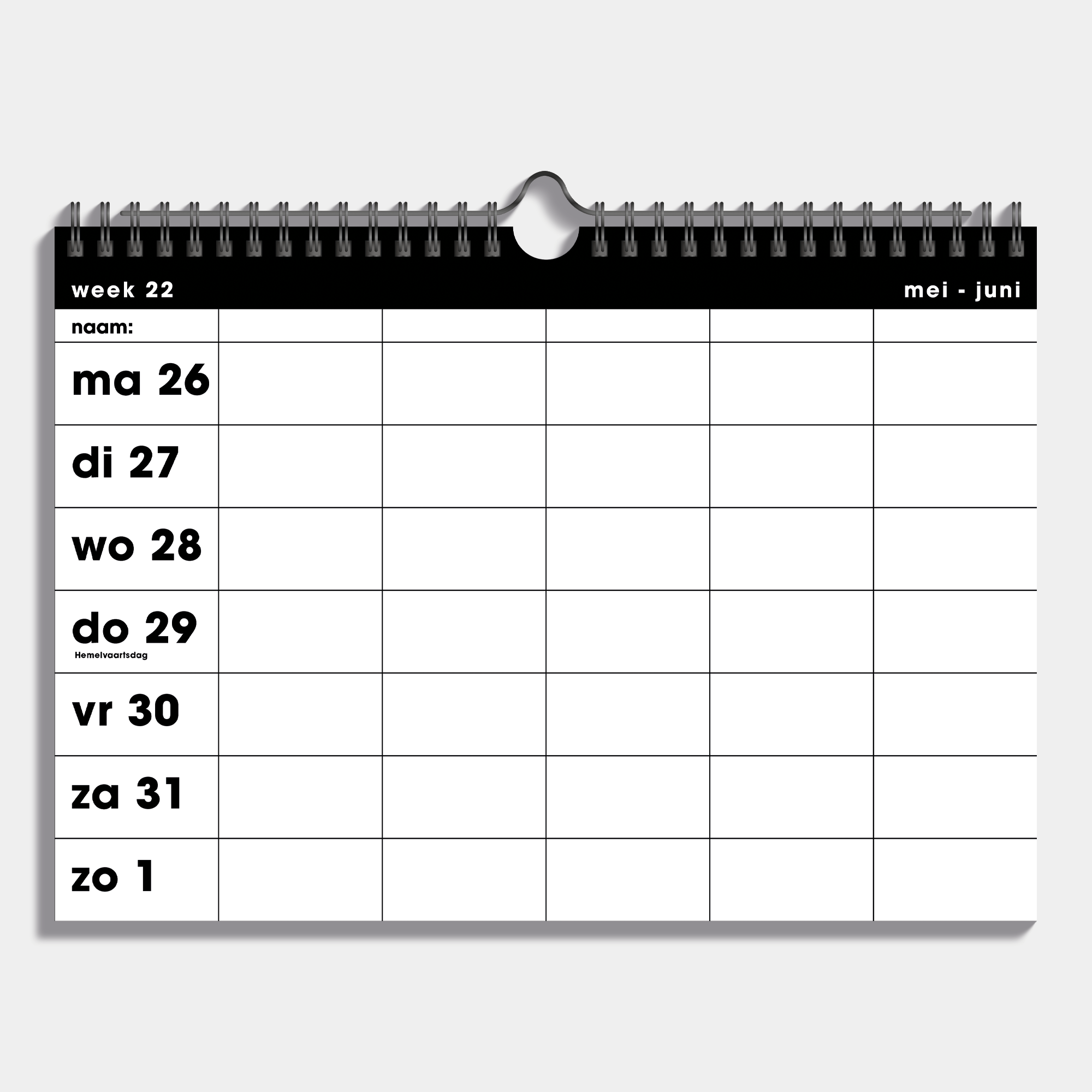 Familieplanner 2025 - 2026 A4 in basic zwart wit, met metalen spiraal voor 5 personen – binnenwerk met weekoverzicht.