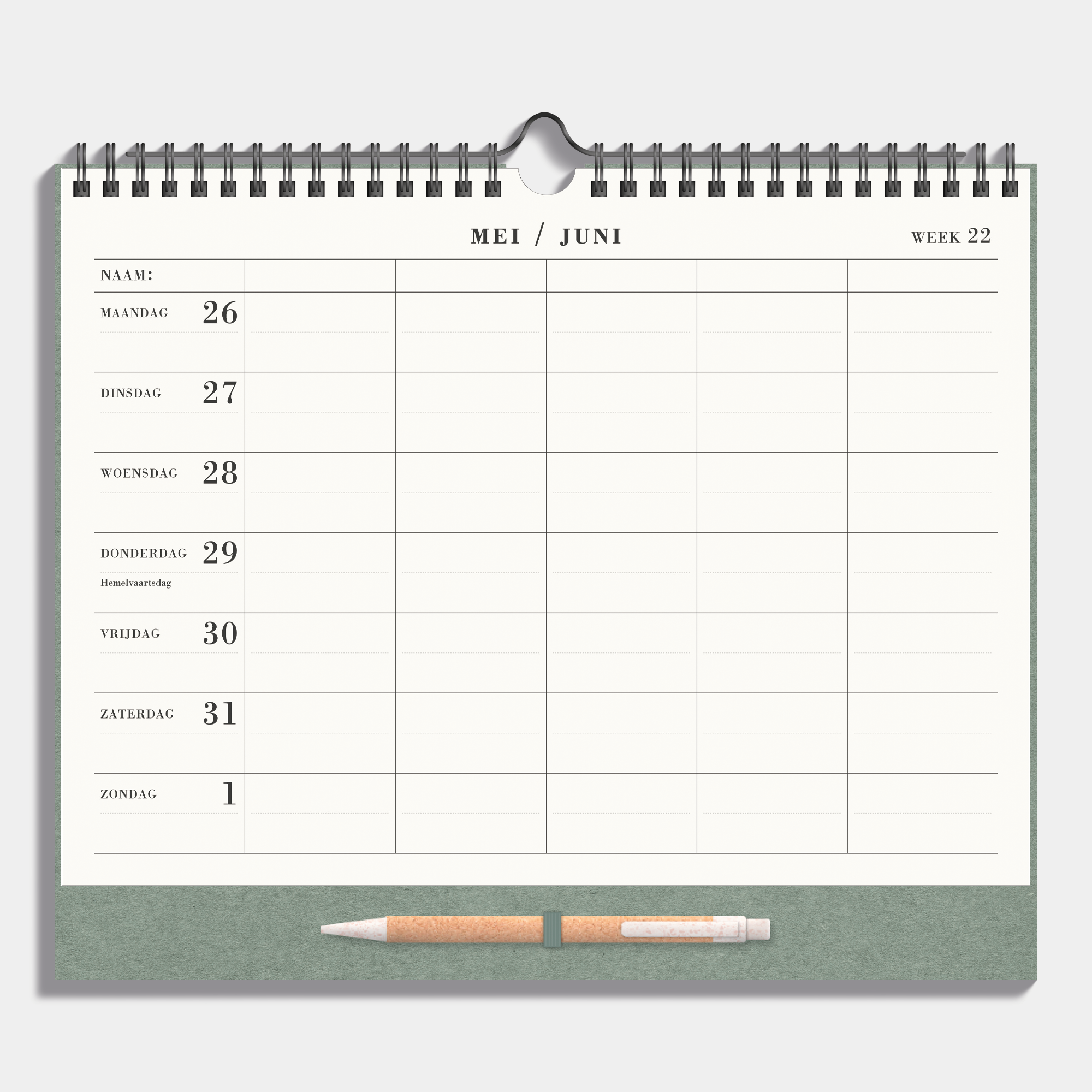 Familieplanner 2025 - 2026 A4 met crèmekleurig gerecycled papier, metalen spiraal en pen voor 5 personen – binnenwerk met weekoverzicht.