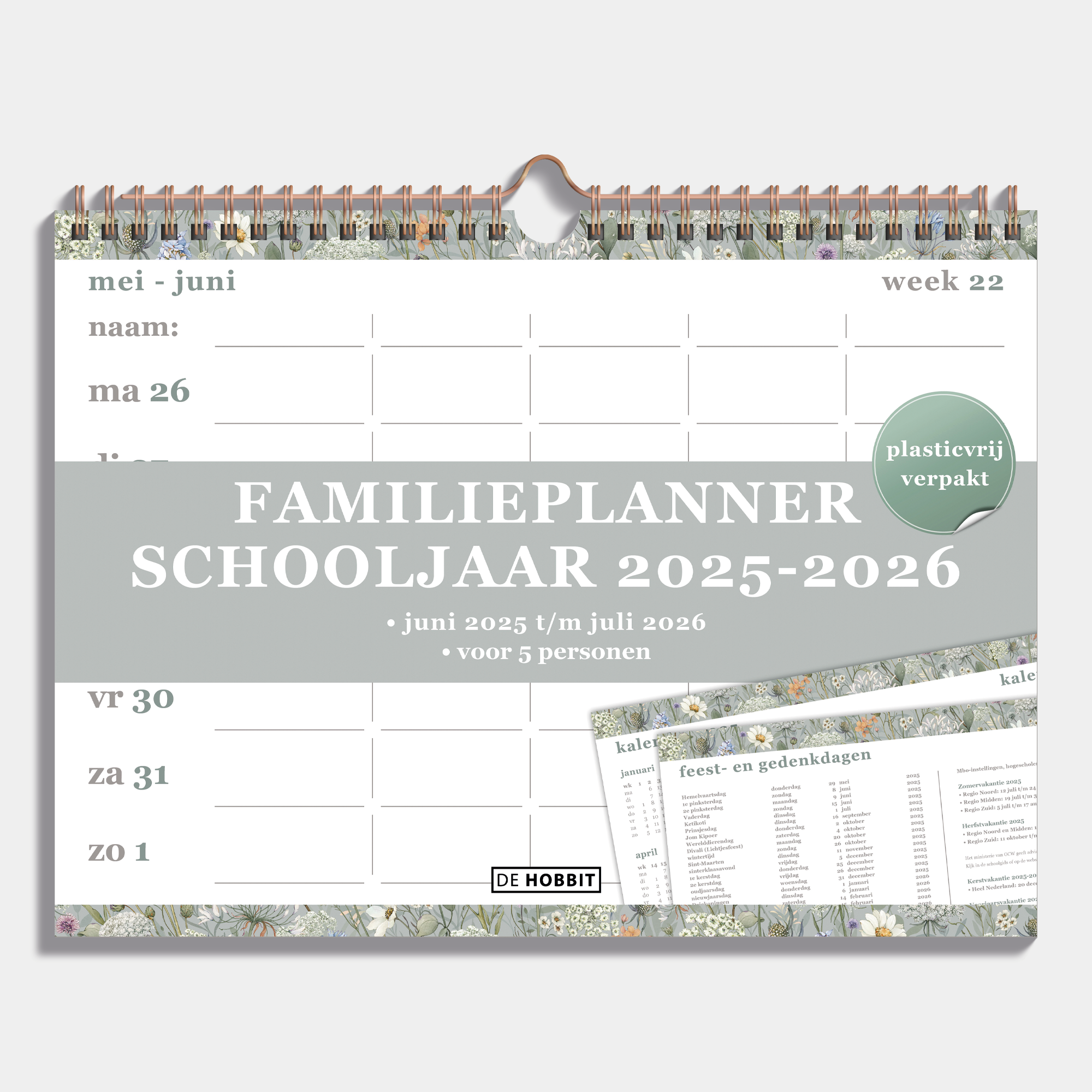 Familieplanner 2025 - 2026 A4 met weidebloemenprint en metalen spiraal voor 5 personen – vooraanzicht.