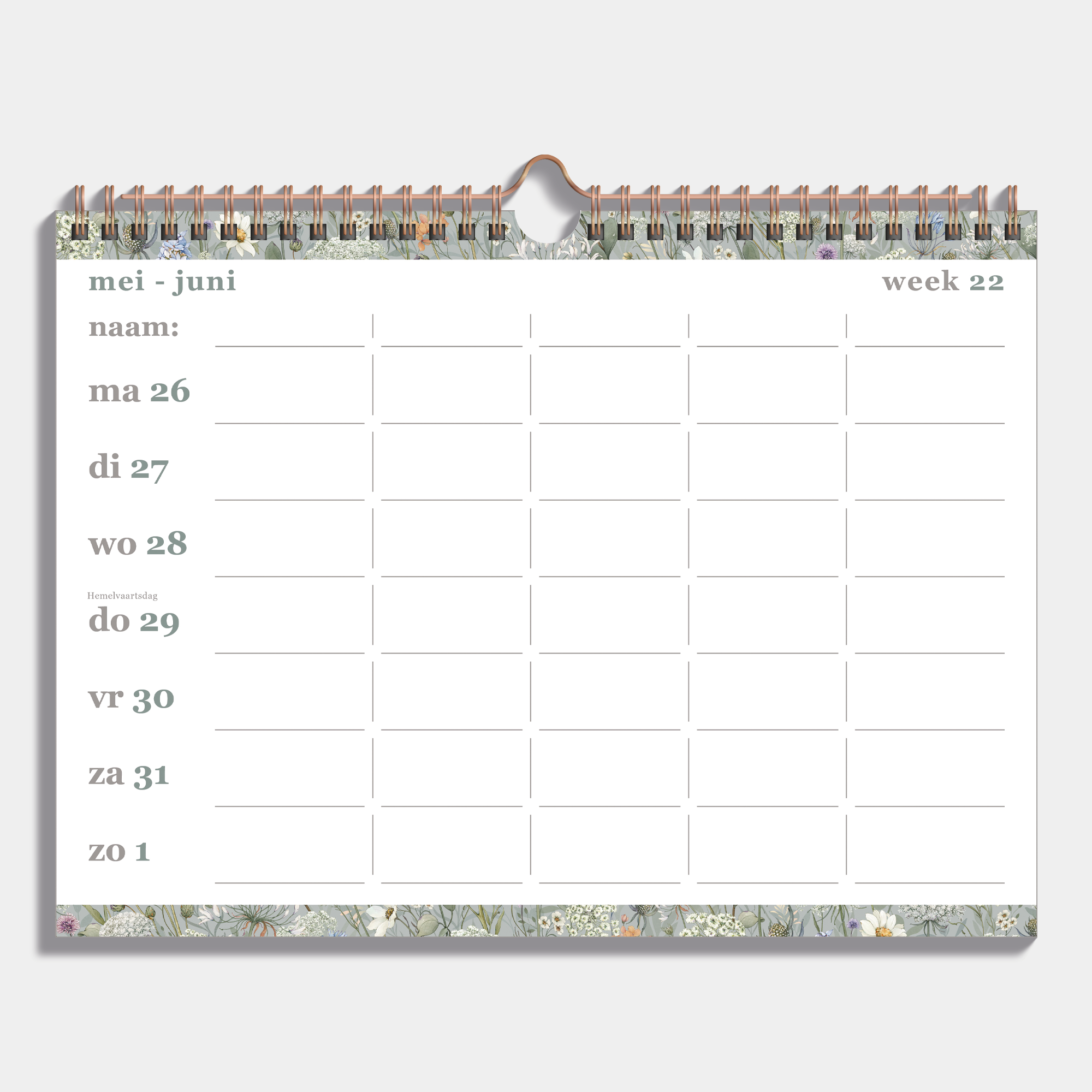 Familieplanner 2025 - 2026 A4 met weidebloemenprint en metalen spiraal voor 5 personen – binnenwerk met weekoverzicht.
