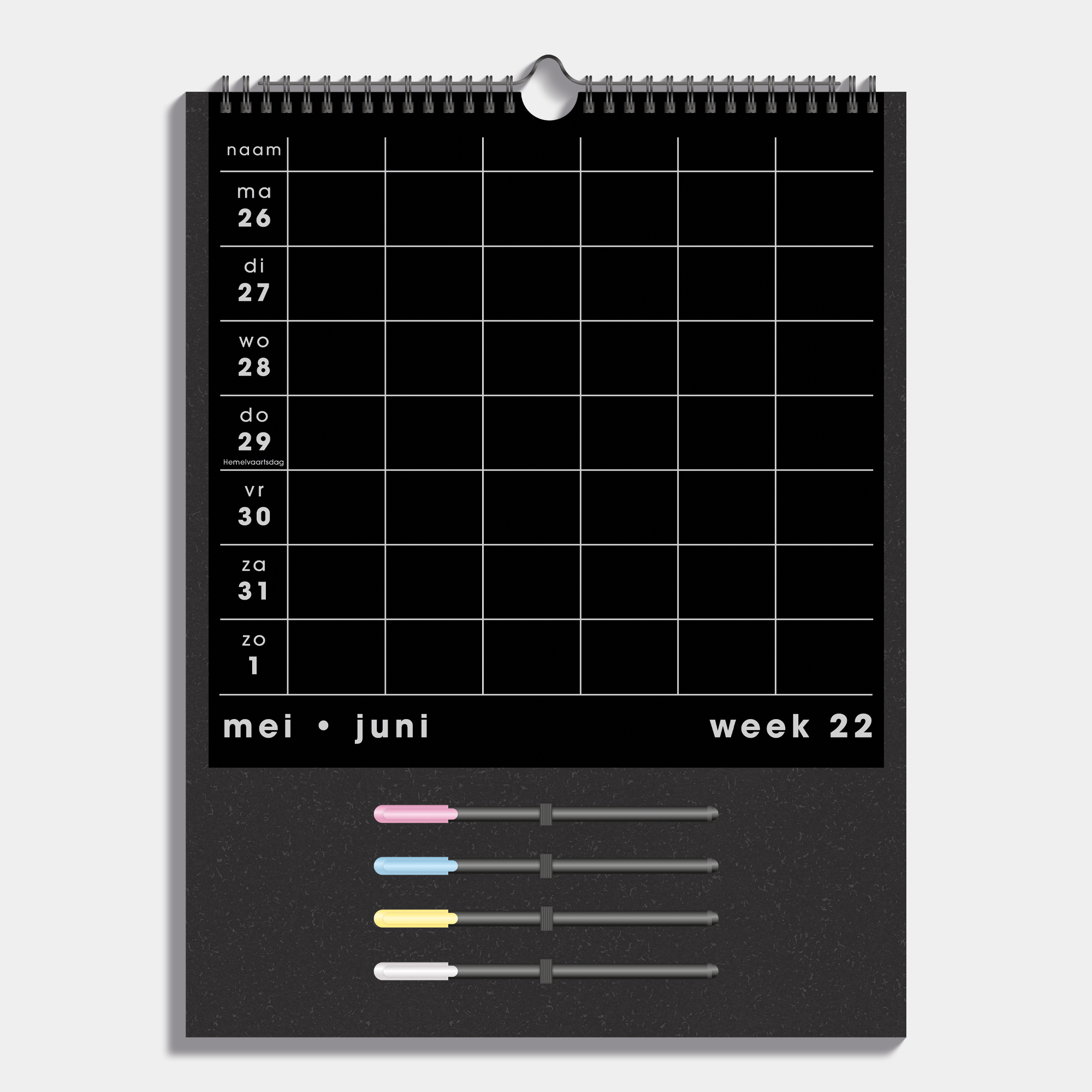 Familieplanner 2025 - 2026 A3 voor 6 personen met zwart papier en 4 gekleurde markers – binnenwerk met weekoverzicht.