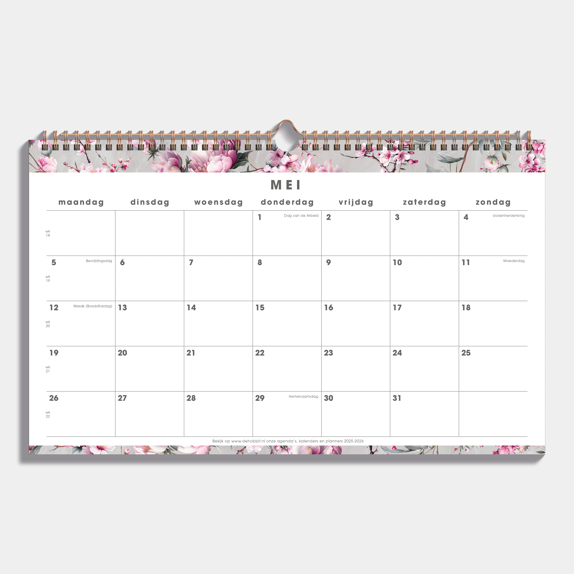 Maandkalender 2025 - 2026 A4 met kersenbloesemprint en metalen spiraal – binnenwerk met maandoverzicht.