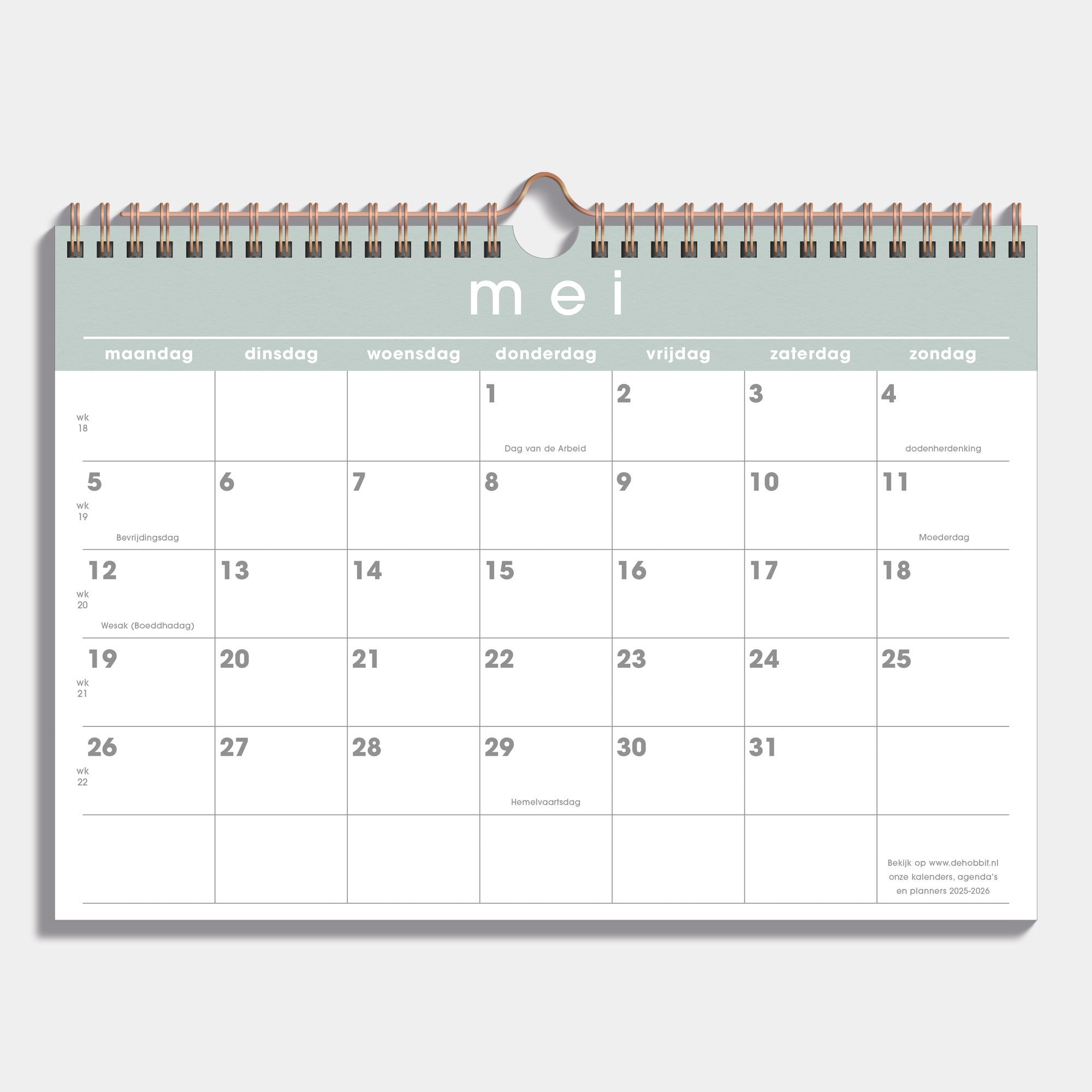 Maandkalender 2025 - 2026 A4 met grijsgroene accenten en metalen spiraal – binnenwerk met maandoverzicht.