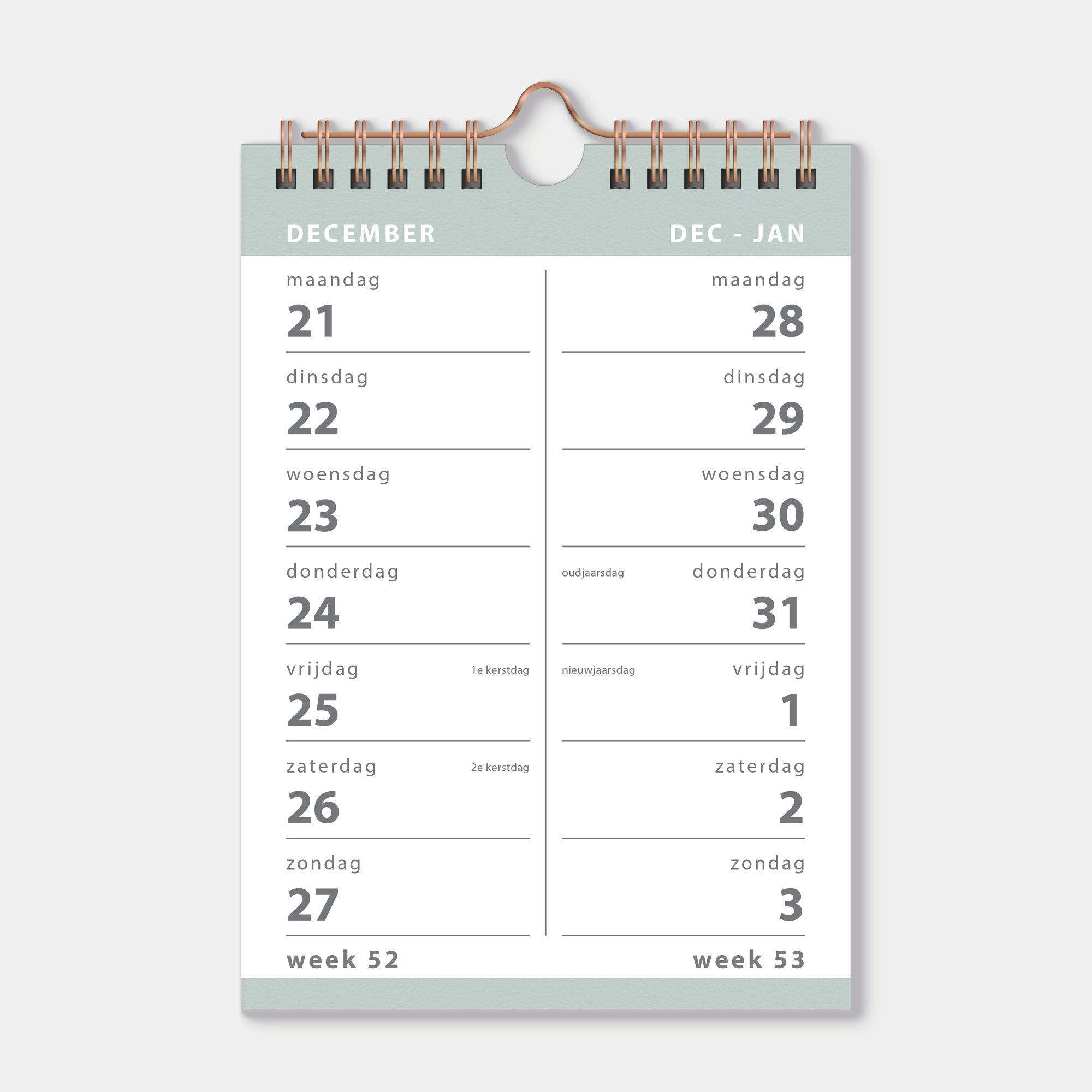 SPIRAALKALENDER 2027 2-WEEKS A5 GRIJSGROEN