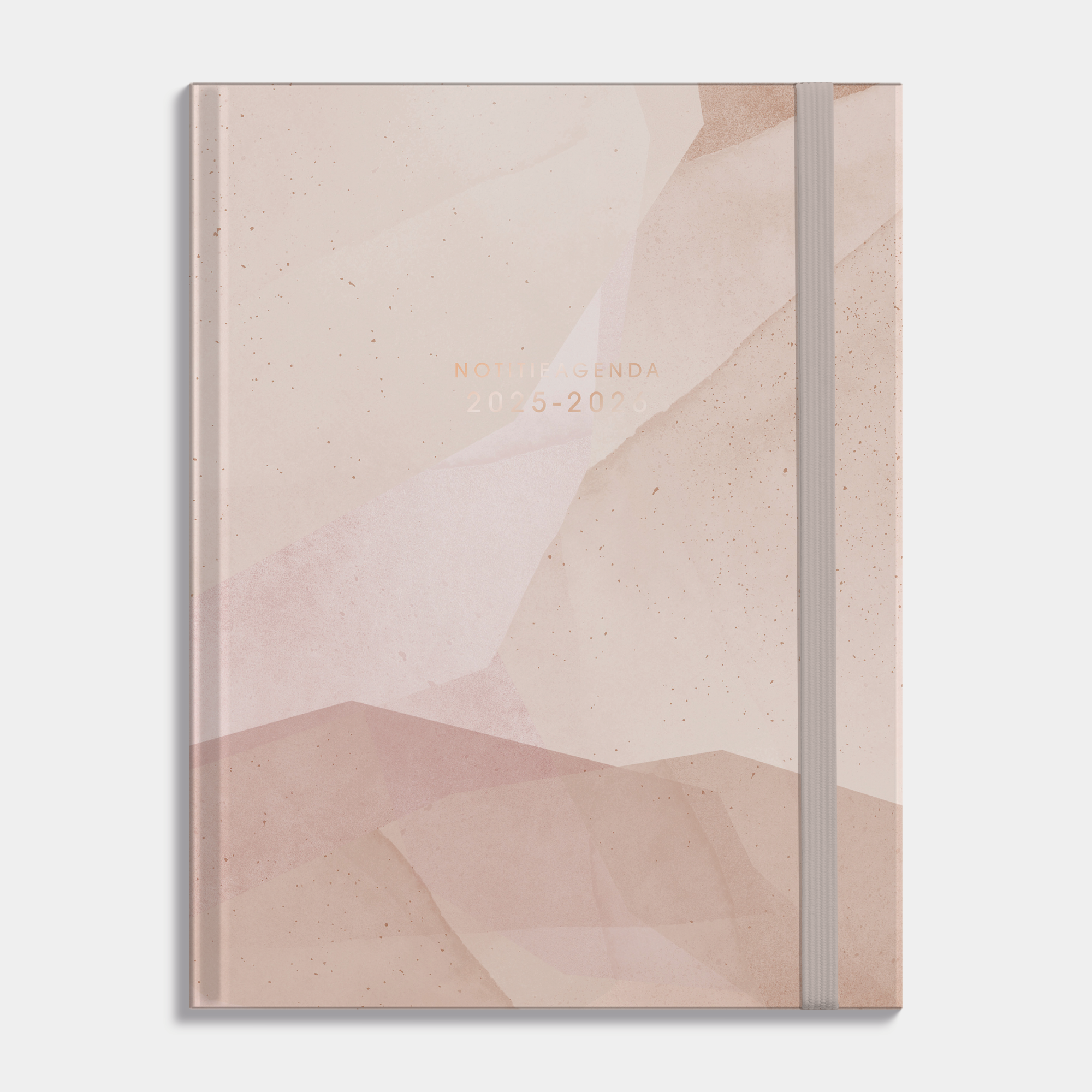 Notitieagenda 2025 - 2026 A4 met abstract oudroze design, harde cover en elastische sluiting – vooraanzicht.