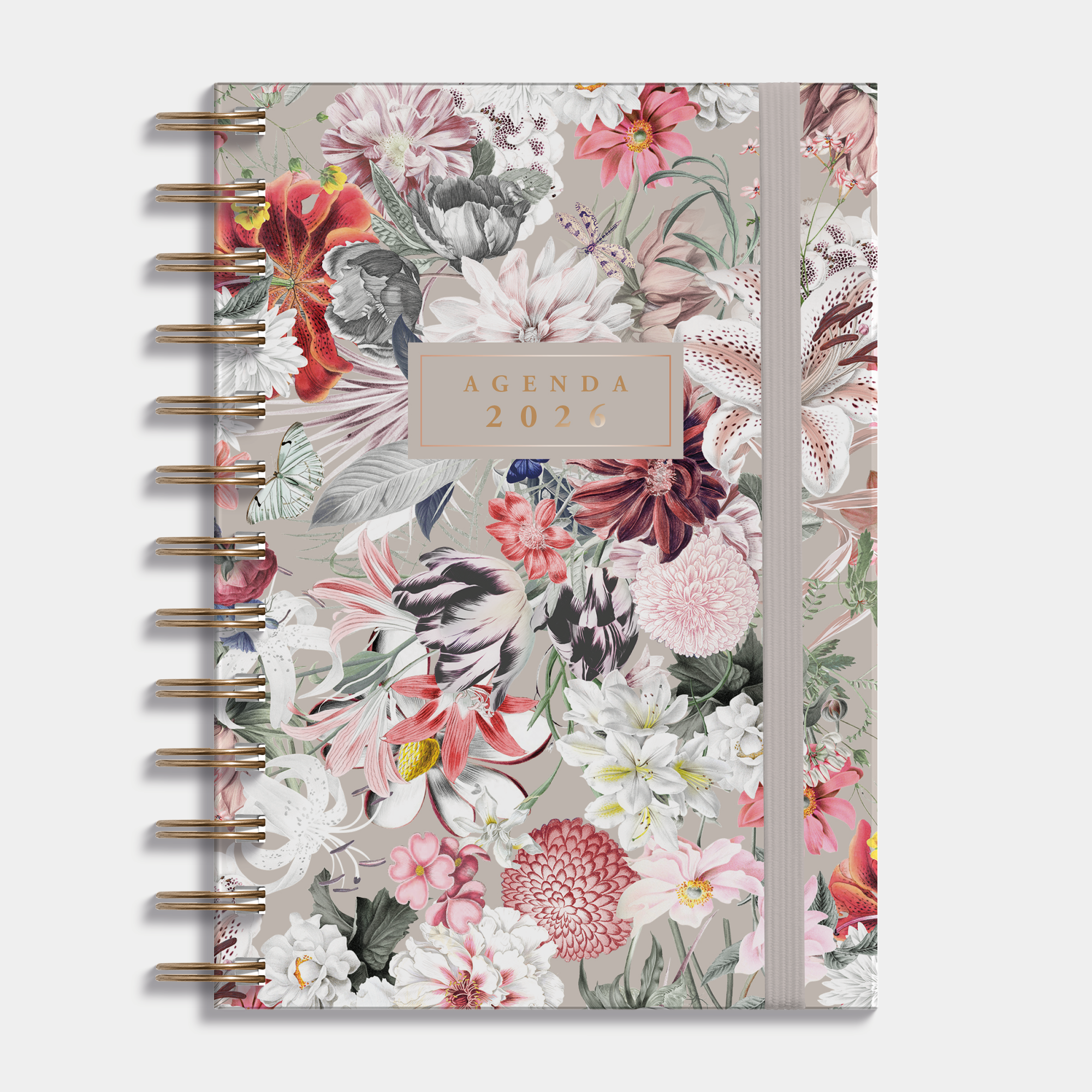 Ringband agenda 2026 met bloemenprint, harde cover en elastische sluiting – vooraanzicht.