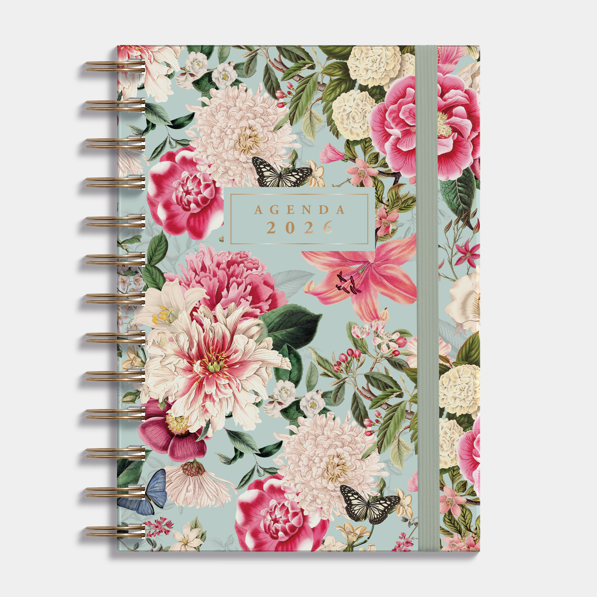 Ringband agenda 2026 met brocante print, harde cover en elastische sluiting – vooraanzicht.