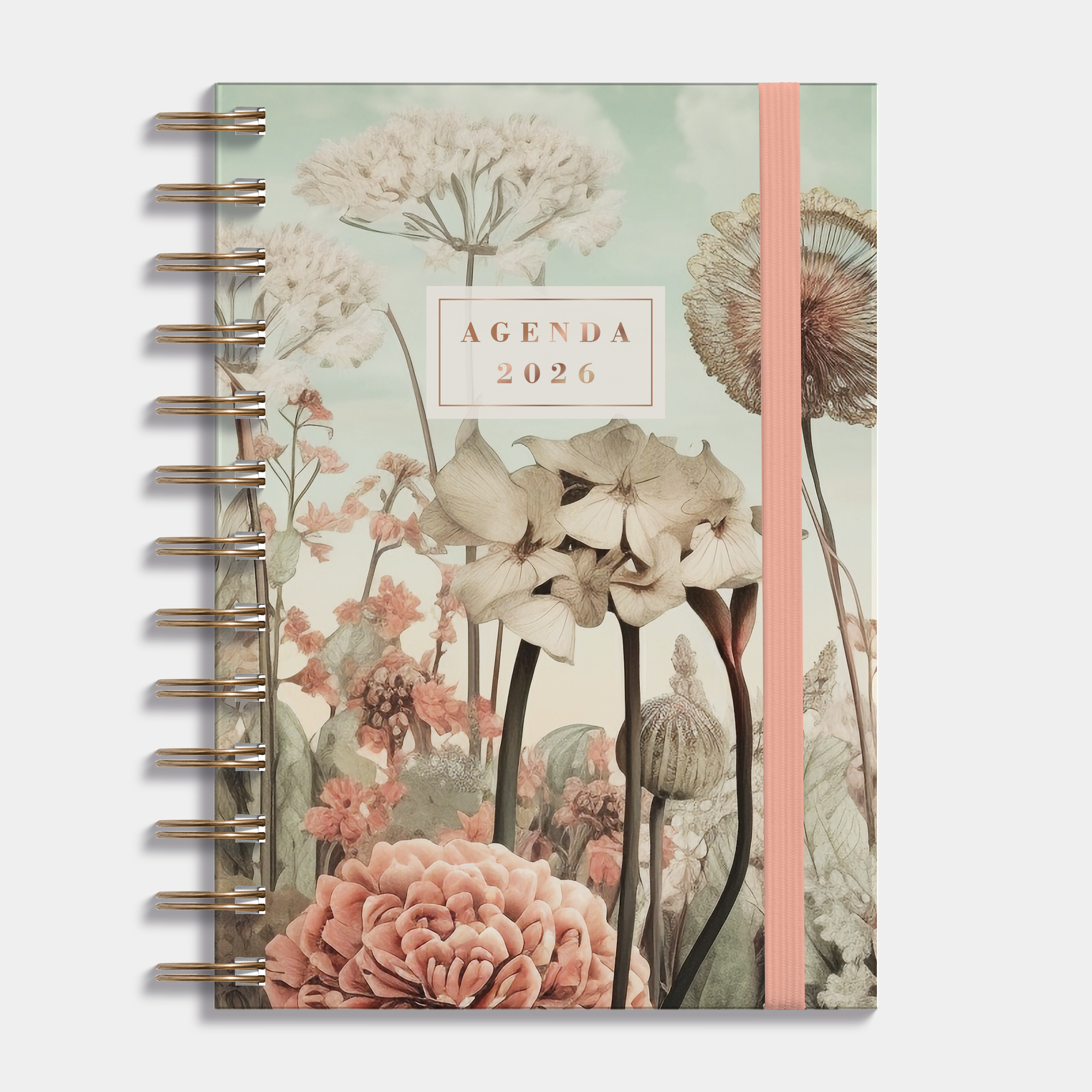 Ringband agenda 2026 met veldbloemenprint, harde cover en elastische sluiting – vooraanzicht.