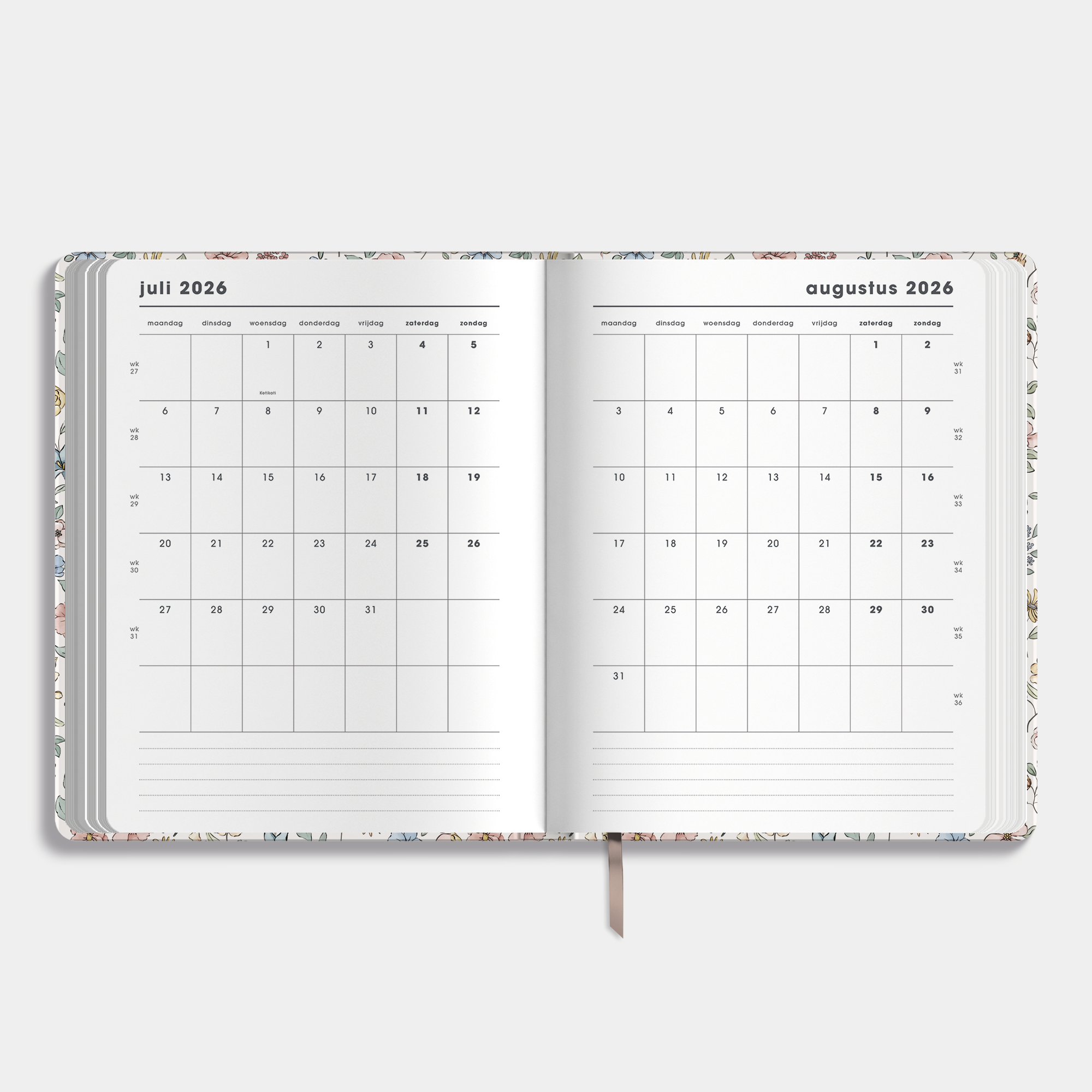 18 MAANDEN AGENDA 2026-2027 ±A4 PASTEL BLOEMETJES
