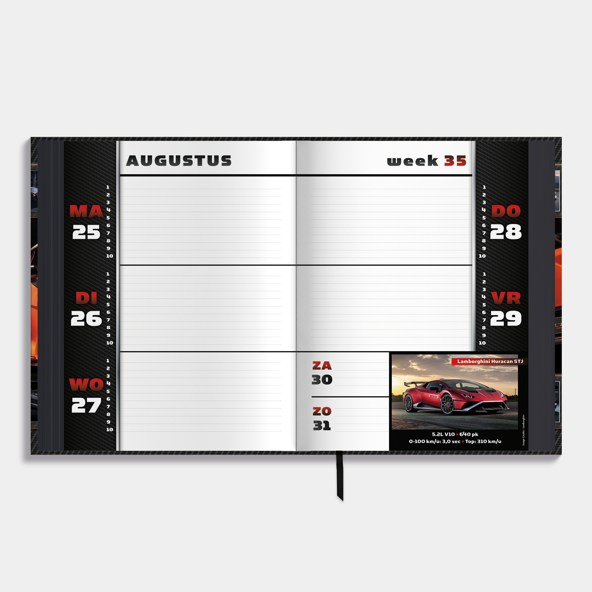 Auto schoolagenda 2025-2026 met foto's van supercars en harde cover – binnenwerk met weekoverzicht.