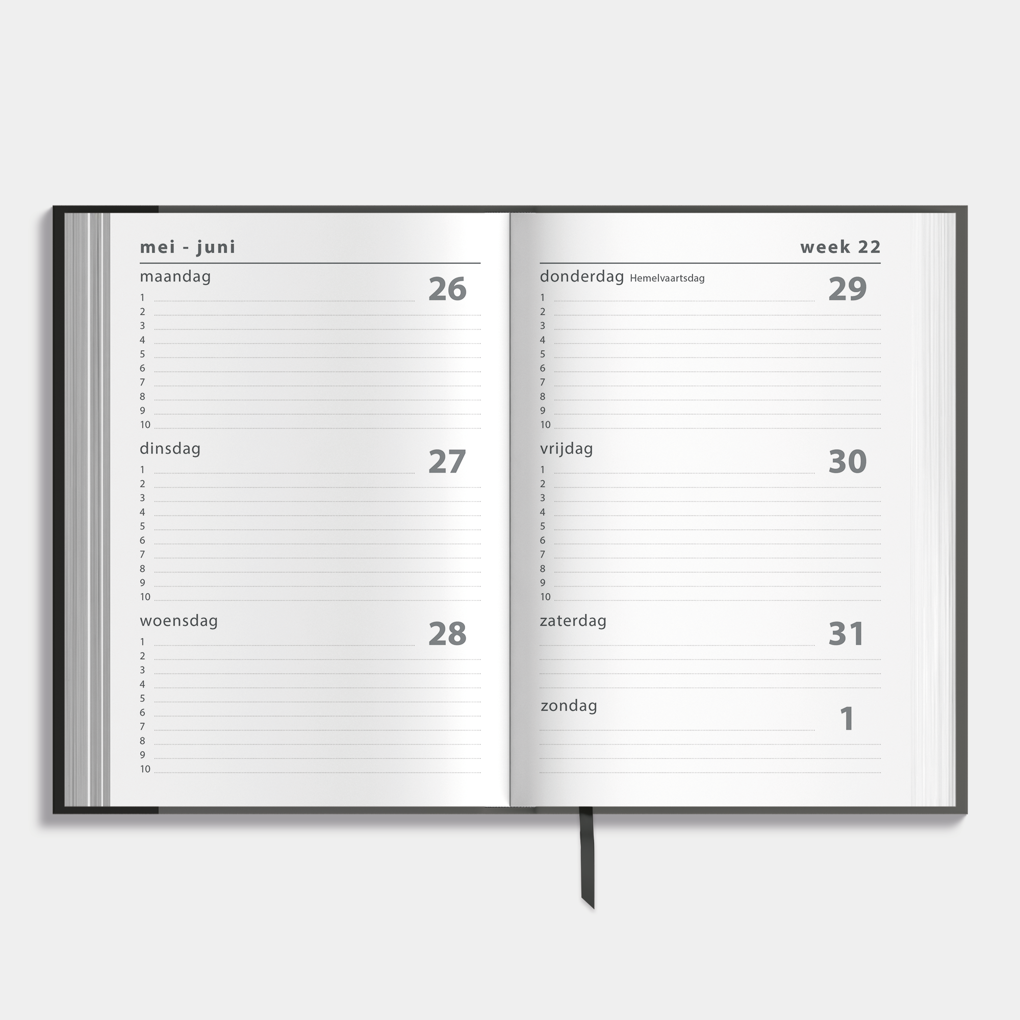 A5 schoolagenda 2025-2026 met grijze, harde cover – binnenwerk met weekoverzicht.