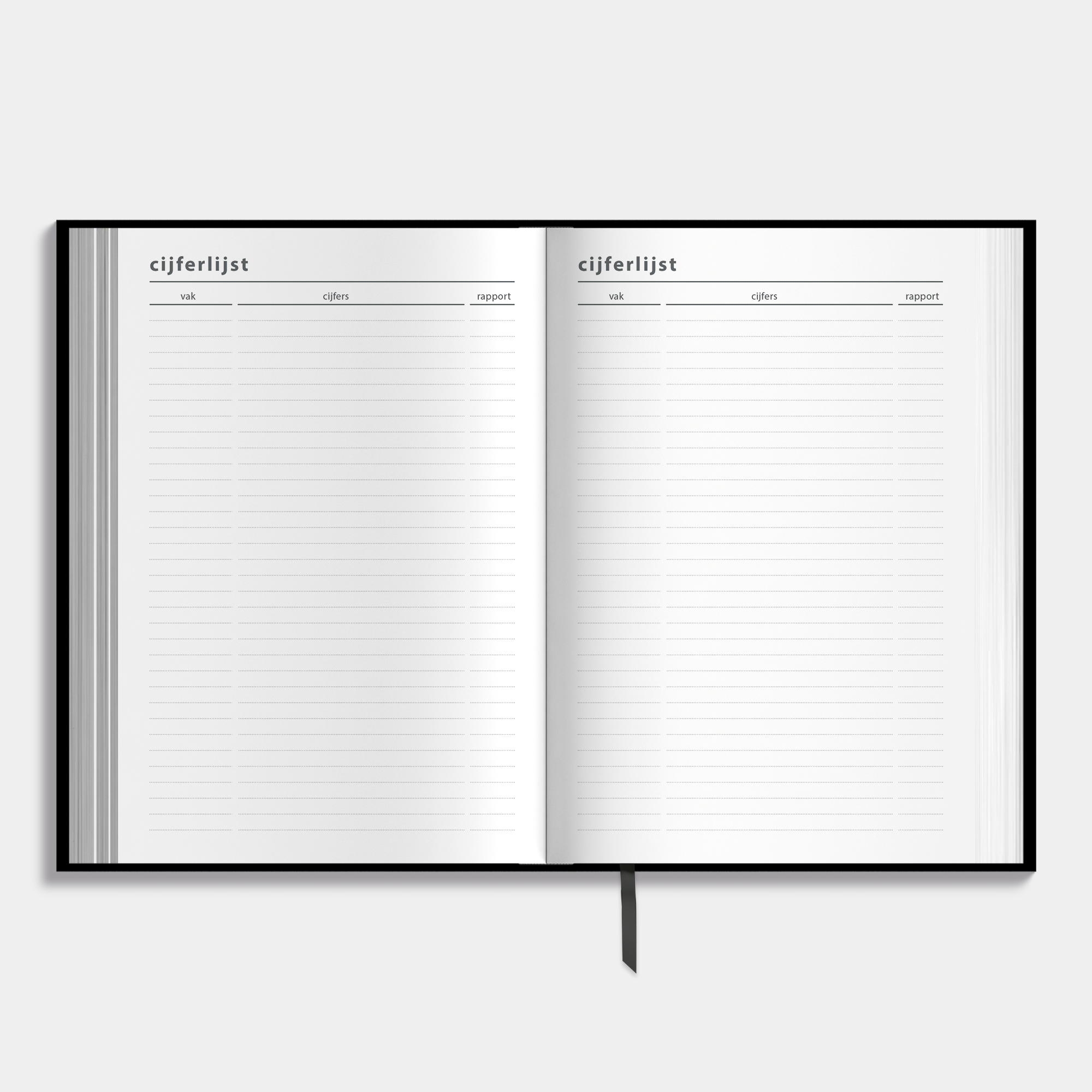 A5 schoolagenda 2025-2026 met zwarte, harde cover en witte tekst – binnenwerk met ruimte voor cijferlijsten.