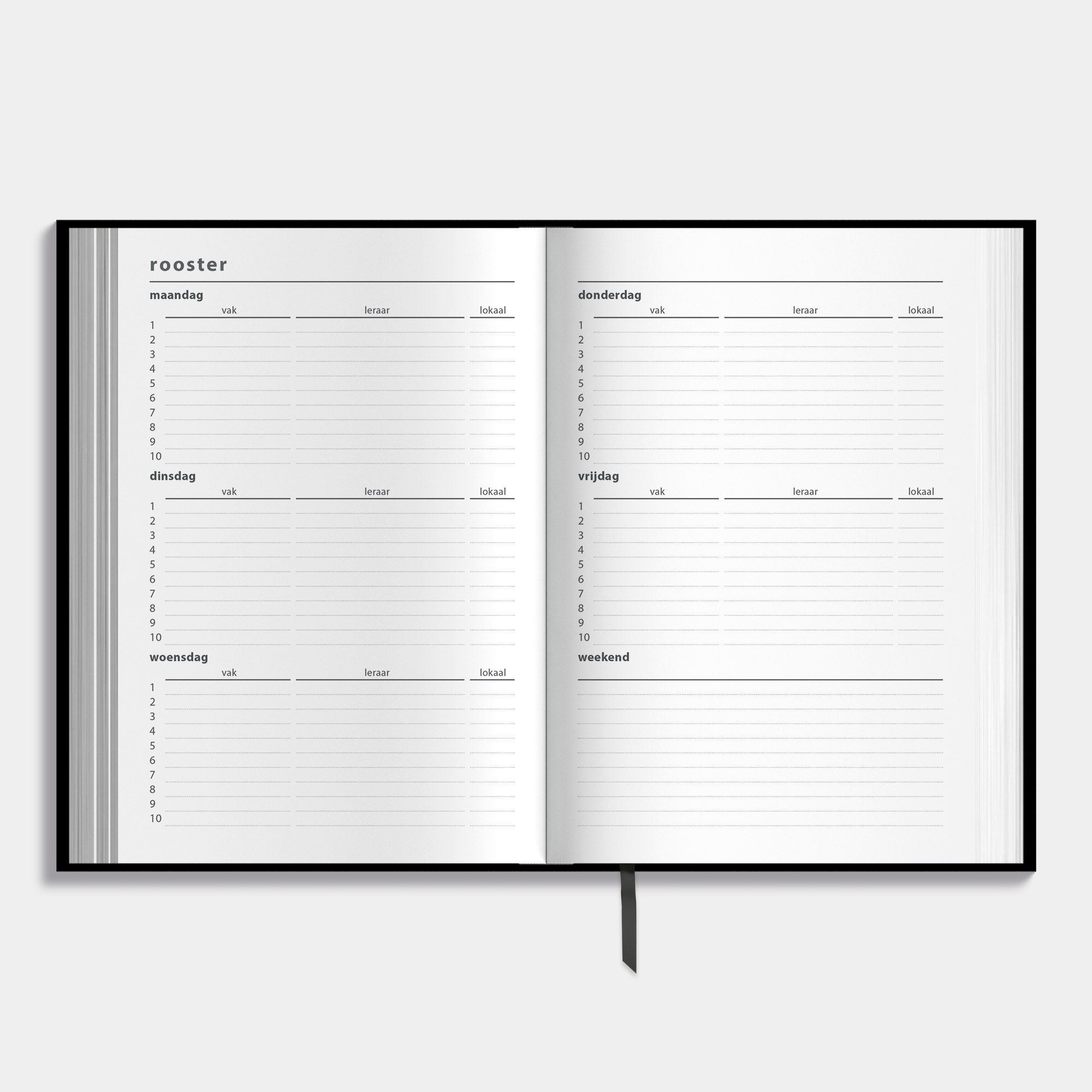 A5 schoolagenda 2025-2026 met zwarte, harde cover en witte tekst – binnenwerk met ruimte voor lesroosters.