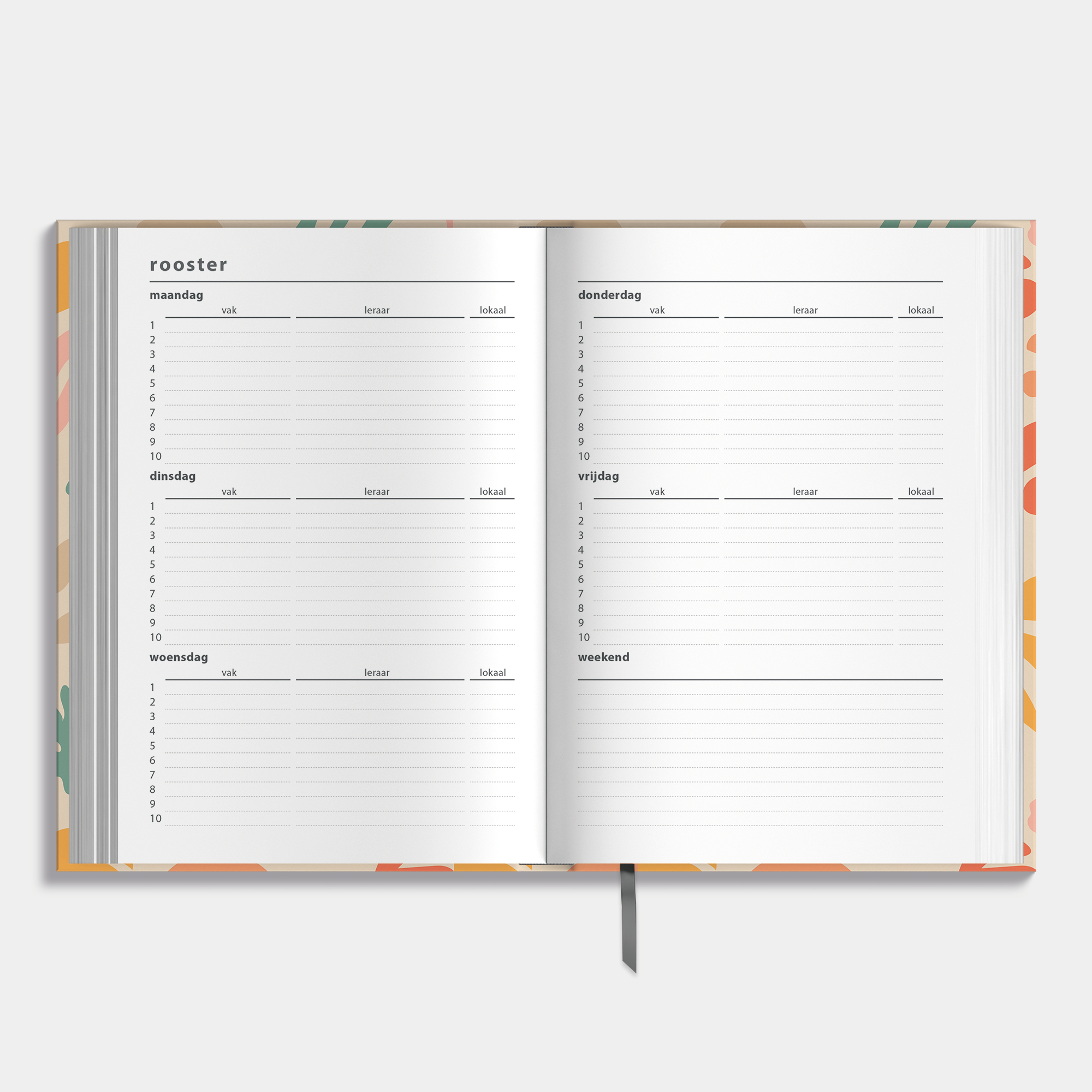 A5 schoolagenda 2025-2026 met abstracte vintage bladerenprint en harde cover – binnenwerk met ruimte voor lesroosters.
