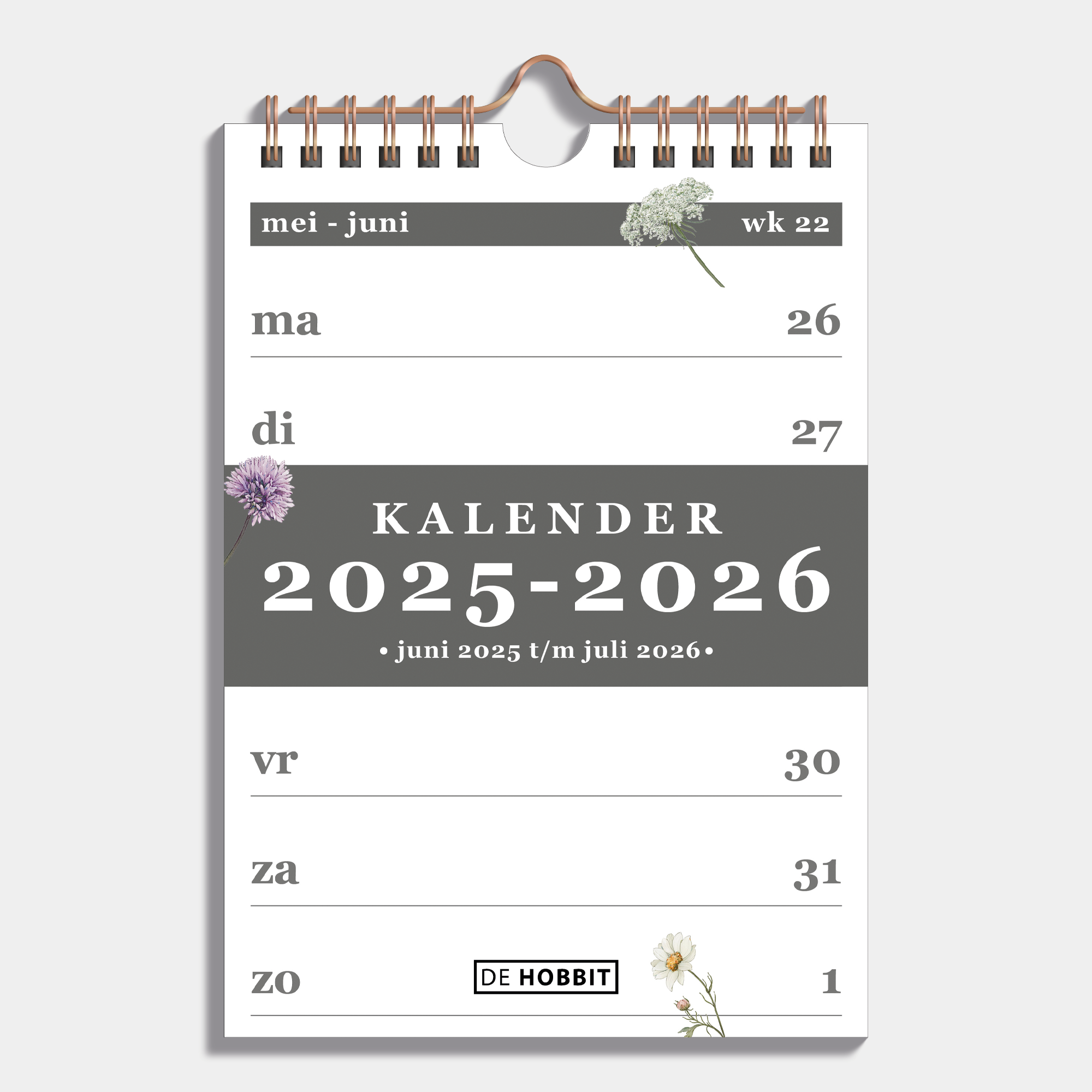 Weekkalender schooljaar 2025 - 2026 A5 met weidebloemenprint en metalen spiraal – vooraanzicht.