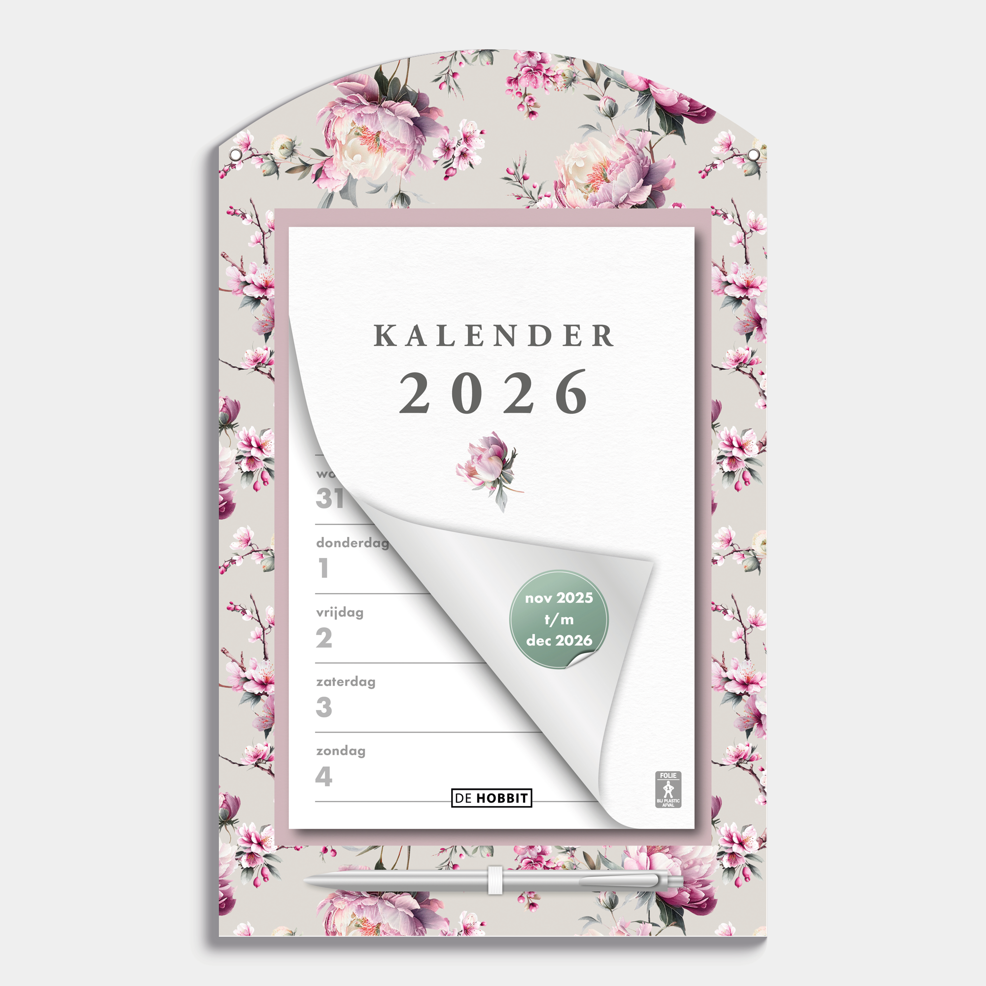 Scheurkalender 2026 op een kartonnen bord voorzien van een print van roze kersenbloesem, met pen – vooraanzicht.