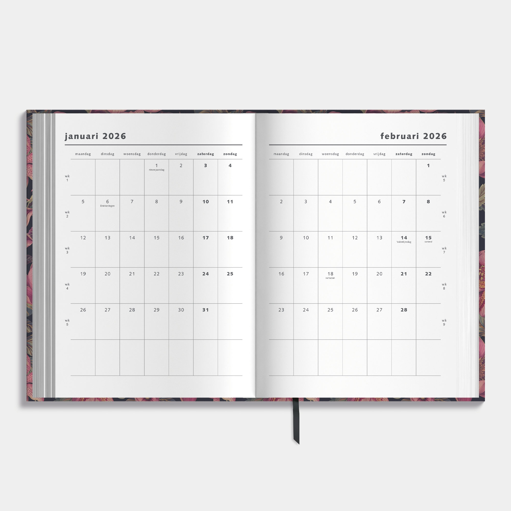 A4 planner 2026 met klassieke print van lelies, passiebloemen en pioenen in rode tinten – binnenwerk met maandplanner.