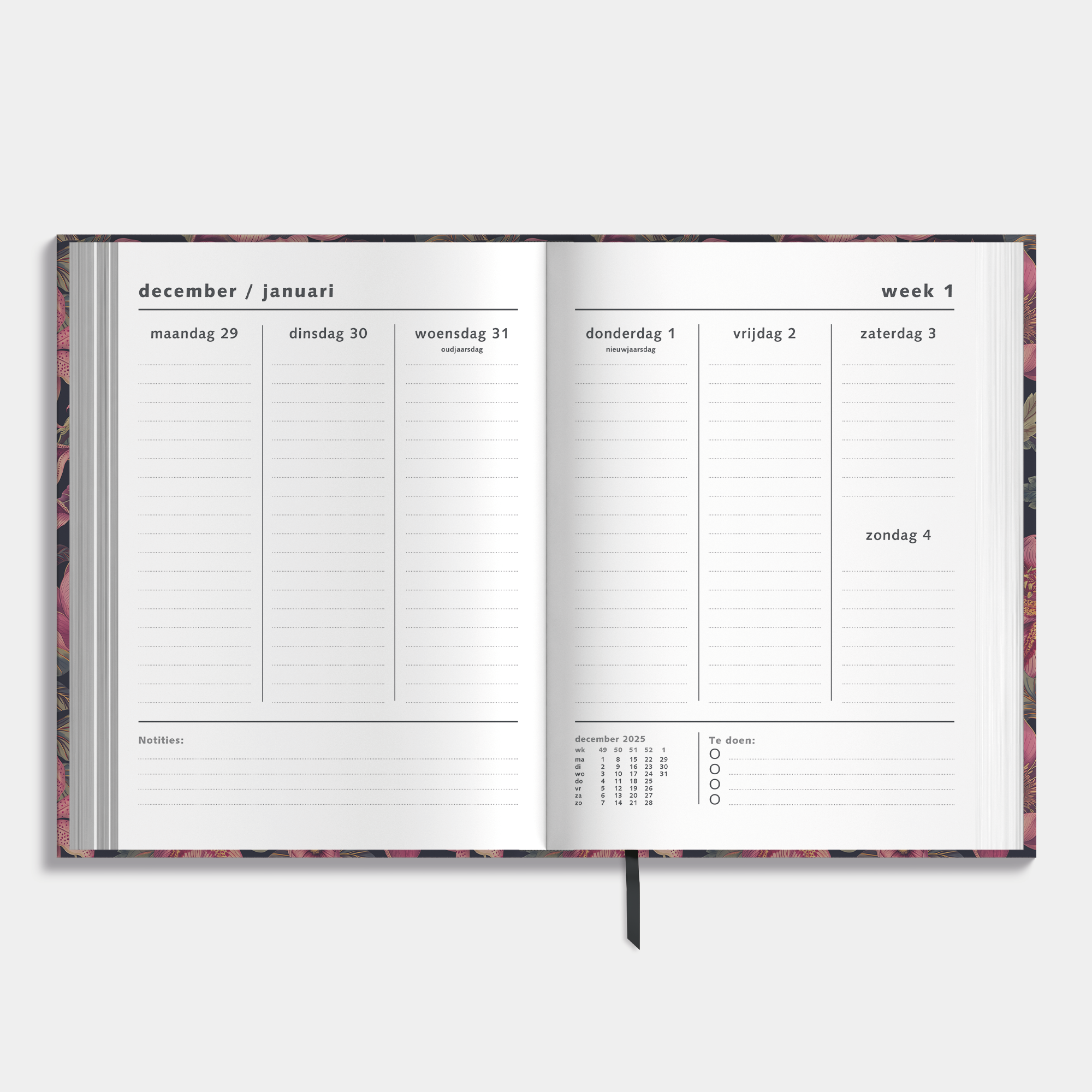 A4 planner 2026 met klassieke print van lelies, passiebloemen en pioenen in rode tinten – binnenwerk met weekoverzicht.
