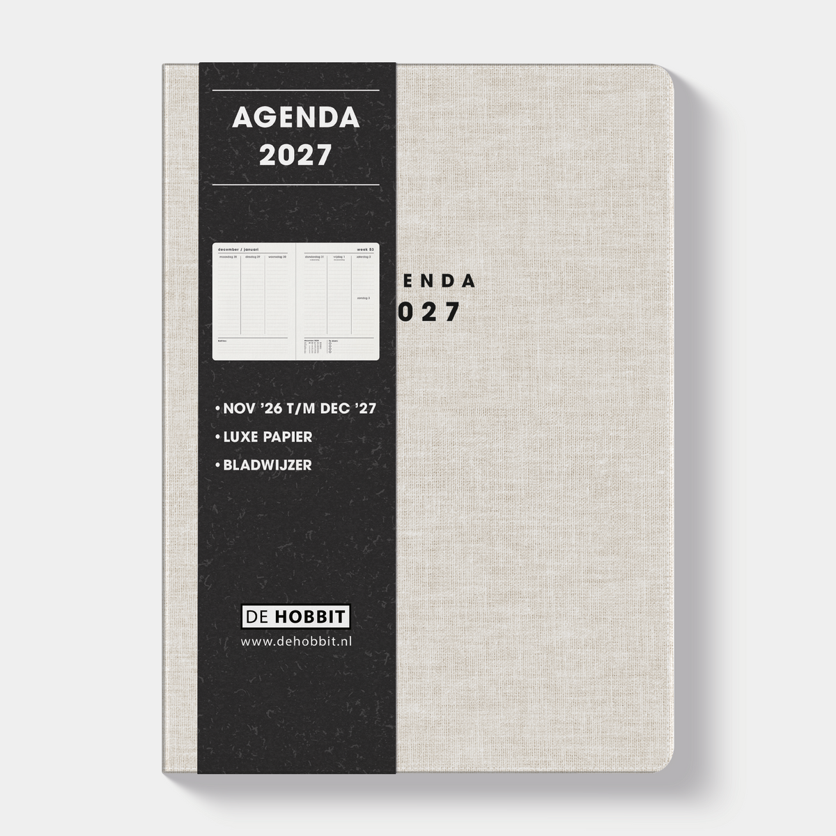 A5 agenda 2027 met een flexibele linnen coverhoes – vooraanzicht met informatieve banderol.
