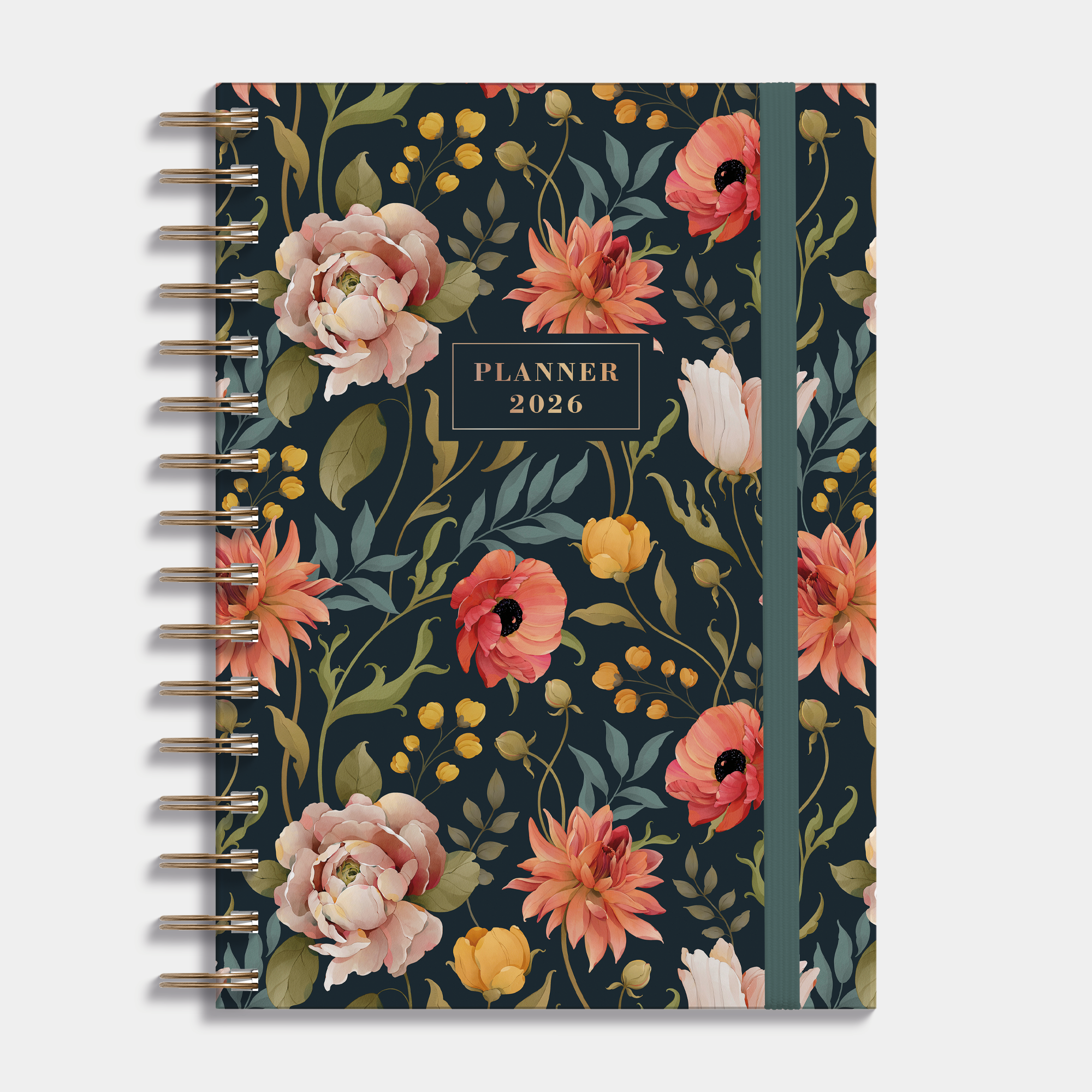 spiraalgebonden planner 2026 in A5 met vintage print van bloemen op een donkere achtergrond – vooraanzicht.