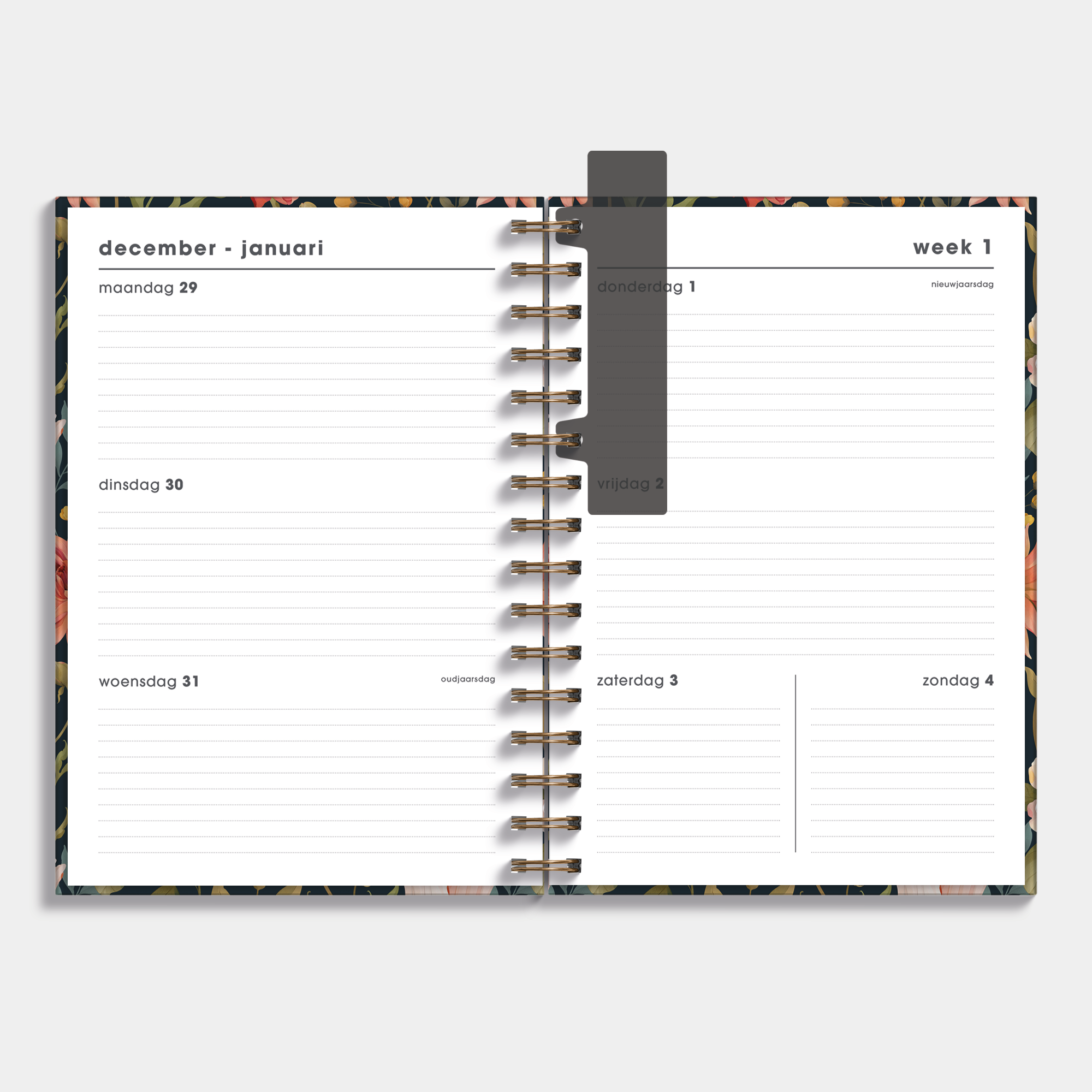 spiraalgebonden planner 2026 in A5 met vintage bloemenprint – binnenwerk met weekoverzicht.