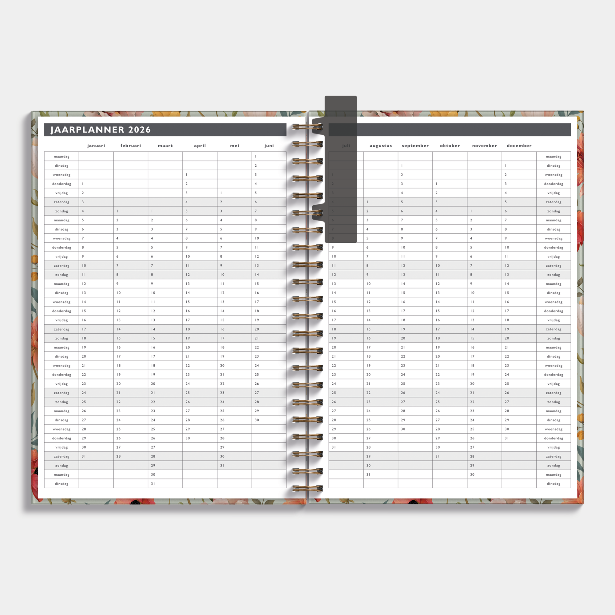 Afsprakenagenda 2026-2027 A4 met vintage print van bloemen, harde cover en elastische sluiting – maandplanner.