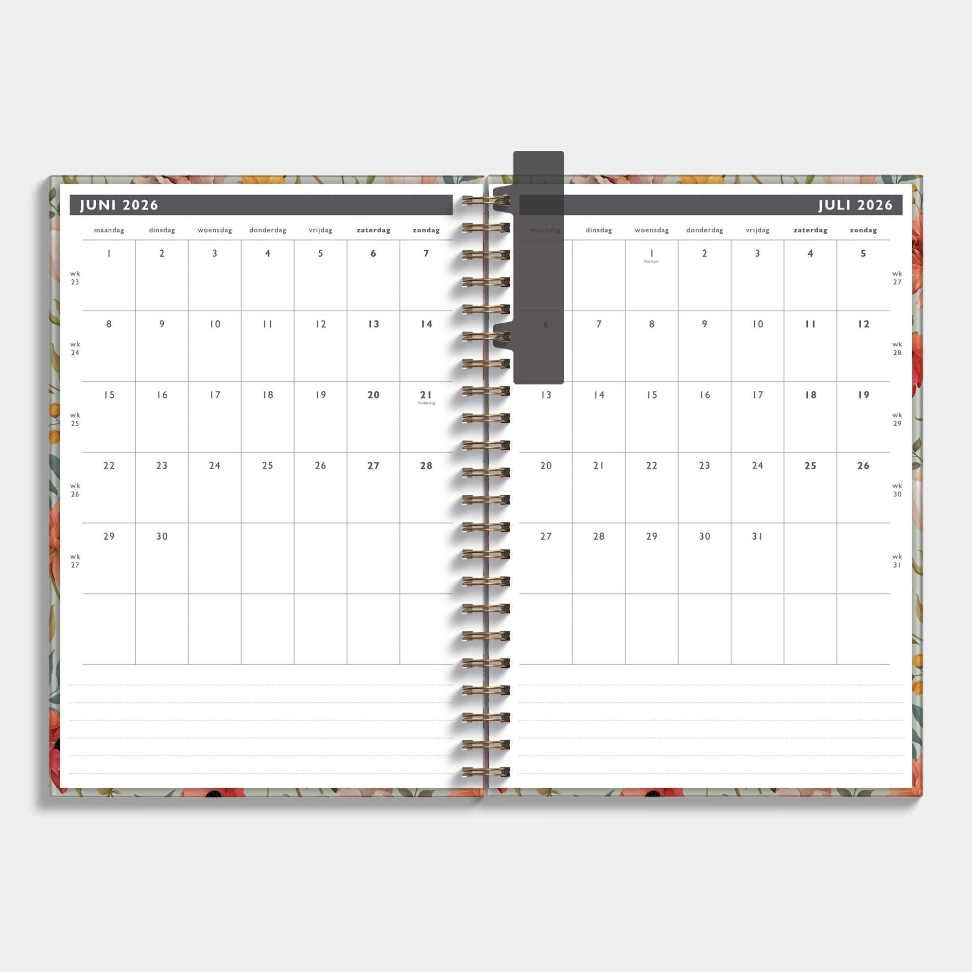 Afsprakenagenda 2026-2027 A4 met vintage print van bloemen, harde cover en elastische sluiting – maandplanner.