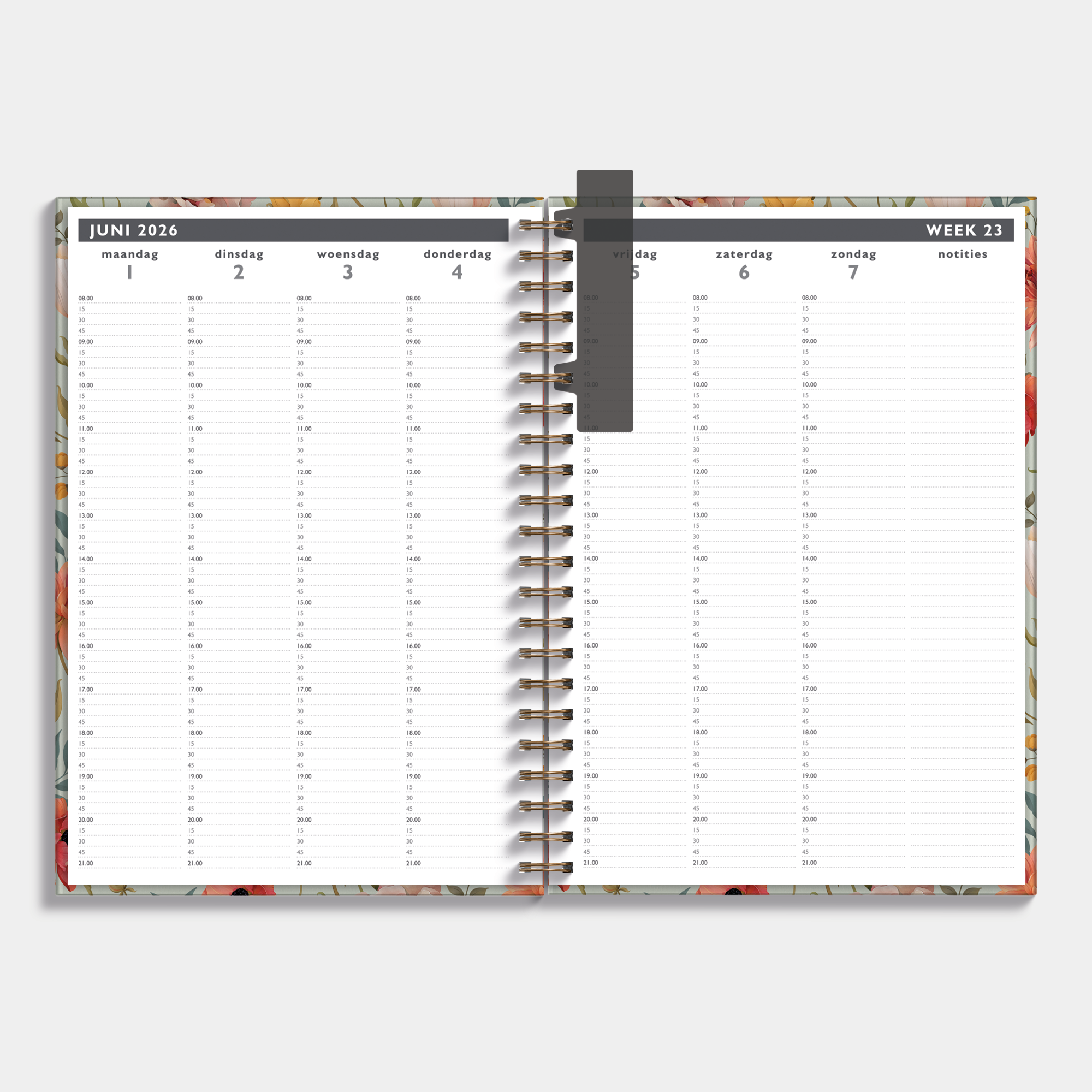 Afsprakenagenda 2026-2027 A4 met vintage print van bloemen, harde cover en elastische sluiting – weekoverzicht met voorgedrukte tijden.