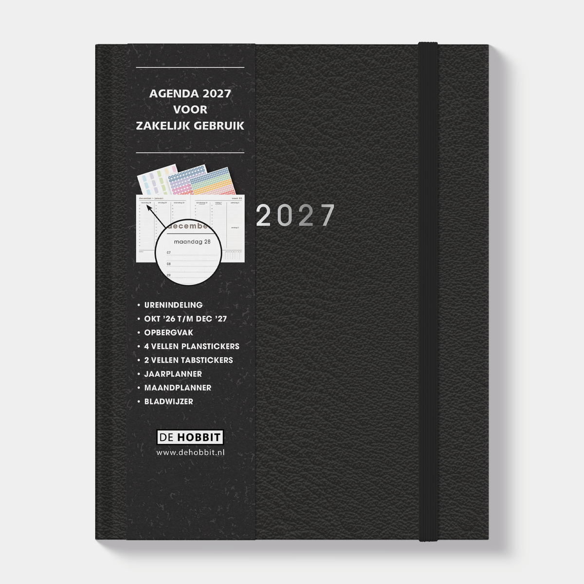 Afsprakenagenda 2027 in het A5+ formaat met zwarte lederlook afwerking, harde cover en elastische sluiting – vooraanzicht met informatieve banderol.