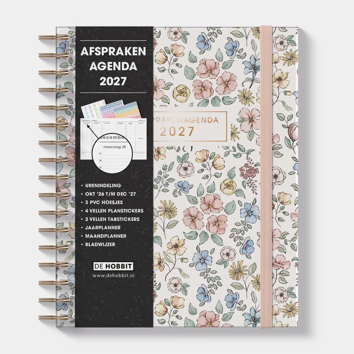 afsprakenagenda 2027 in het A5+ formaat met lieve print van pastelkleurige bloemetjes, met een harde cover en elastische sluiting – vooraanzicht met informatieve banderol.