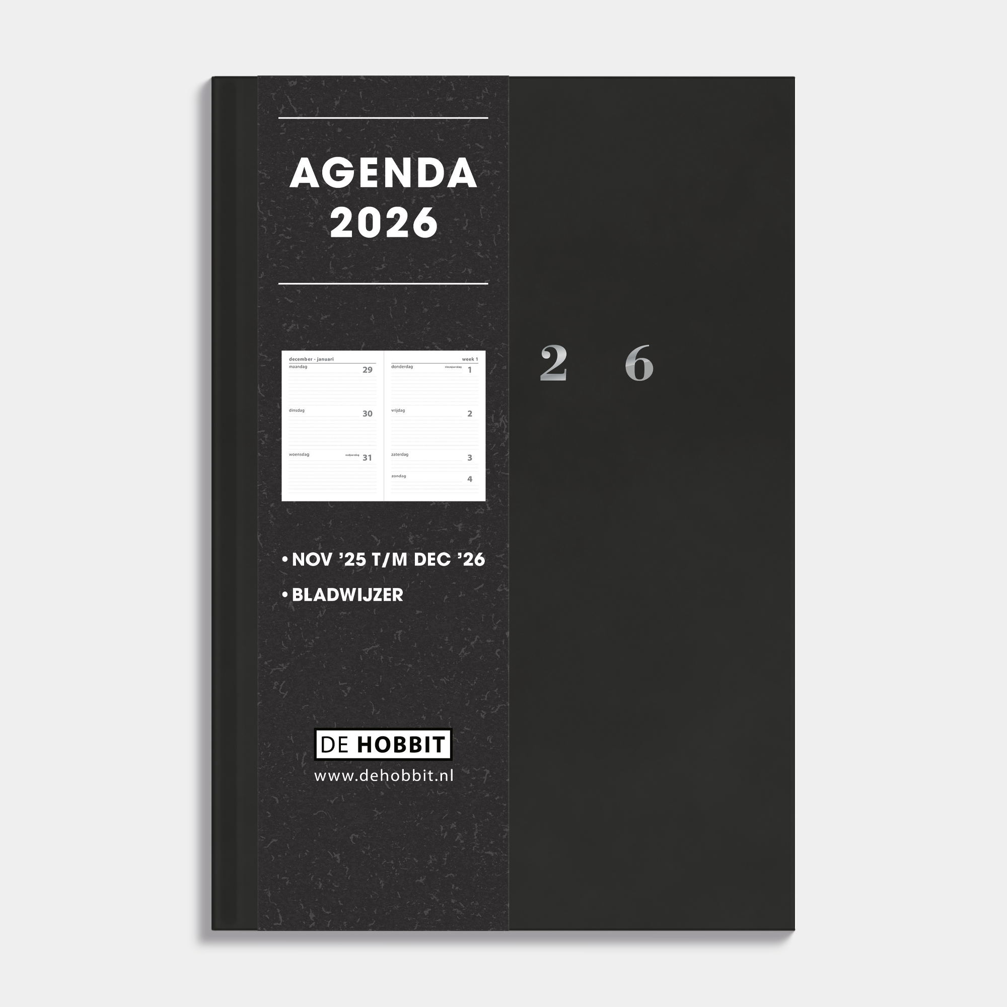 Basic agenda 2026 met harde zwarte cover en zilverfolie opdruk – vooraanzicht met informatieve banderol.